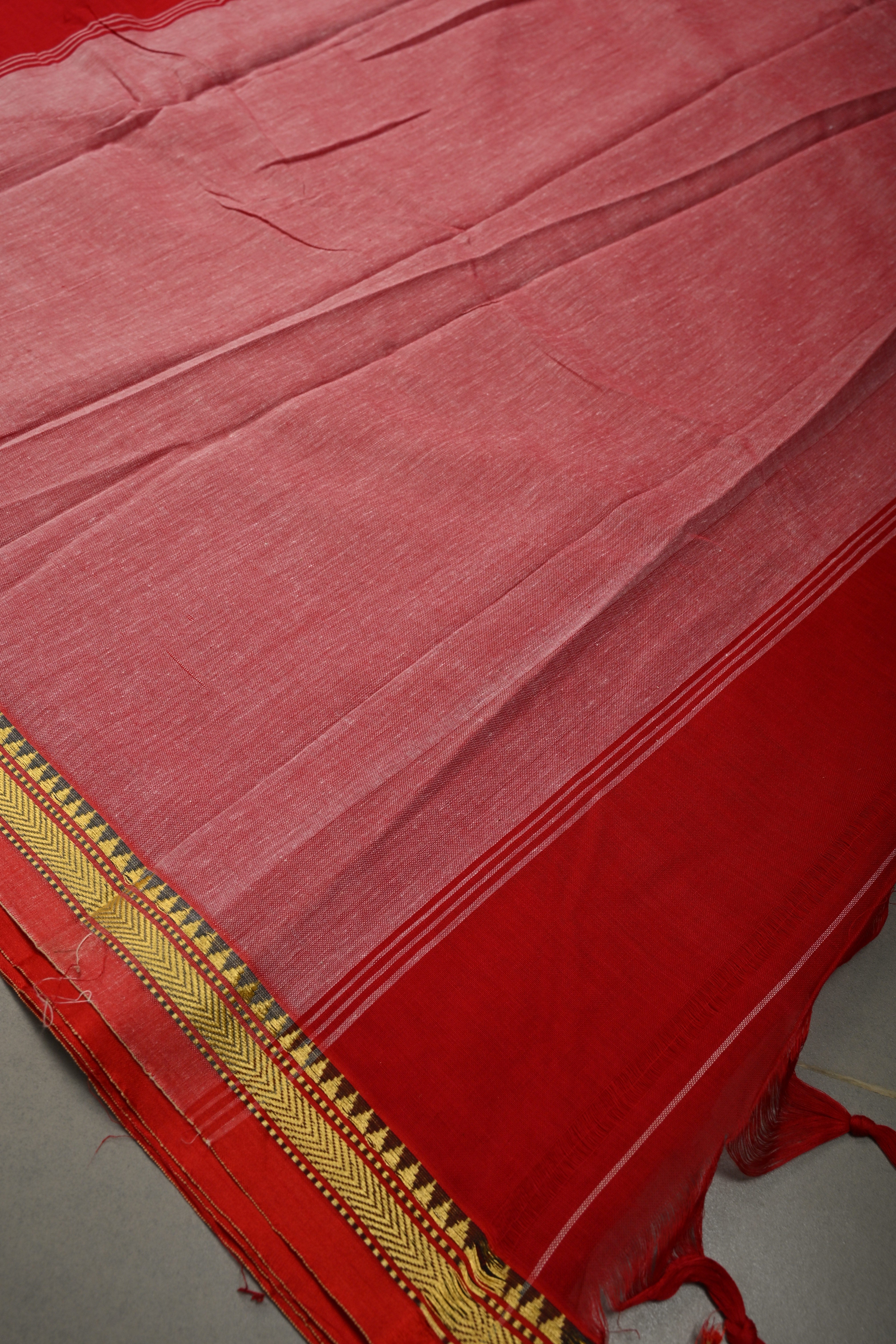 Blood Red Narayanpet Cotton Saree with Minimal Borders, No Blouse Piece