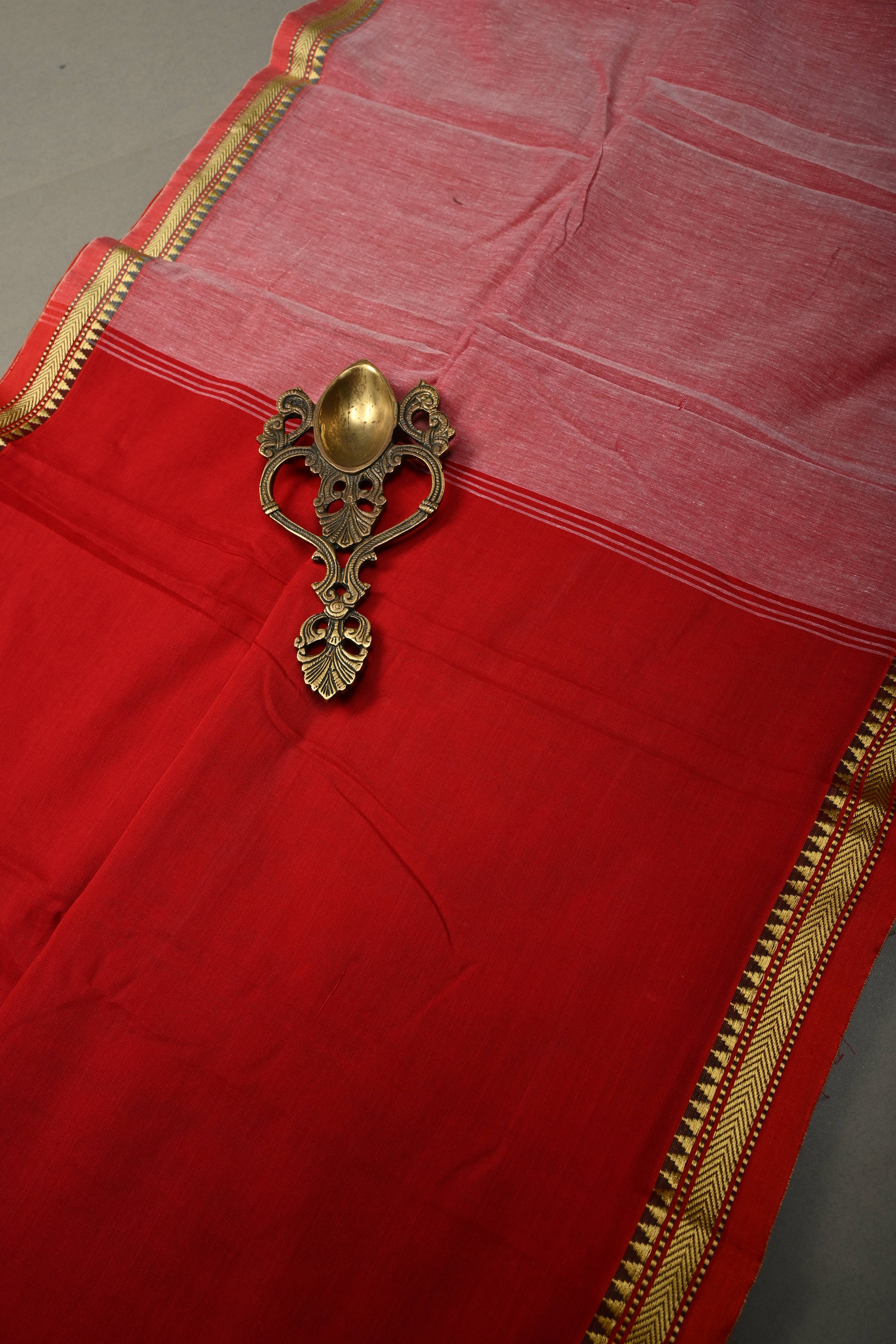 Blood Red Narayanpet Cotton Saree with Minimal Borders, No Blouse Piece