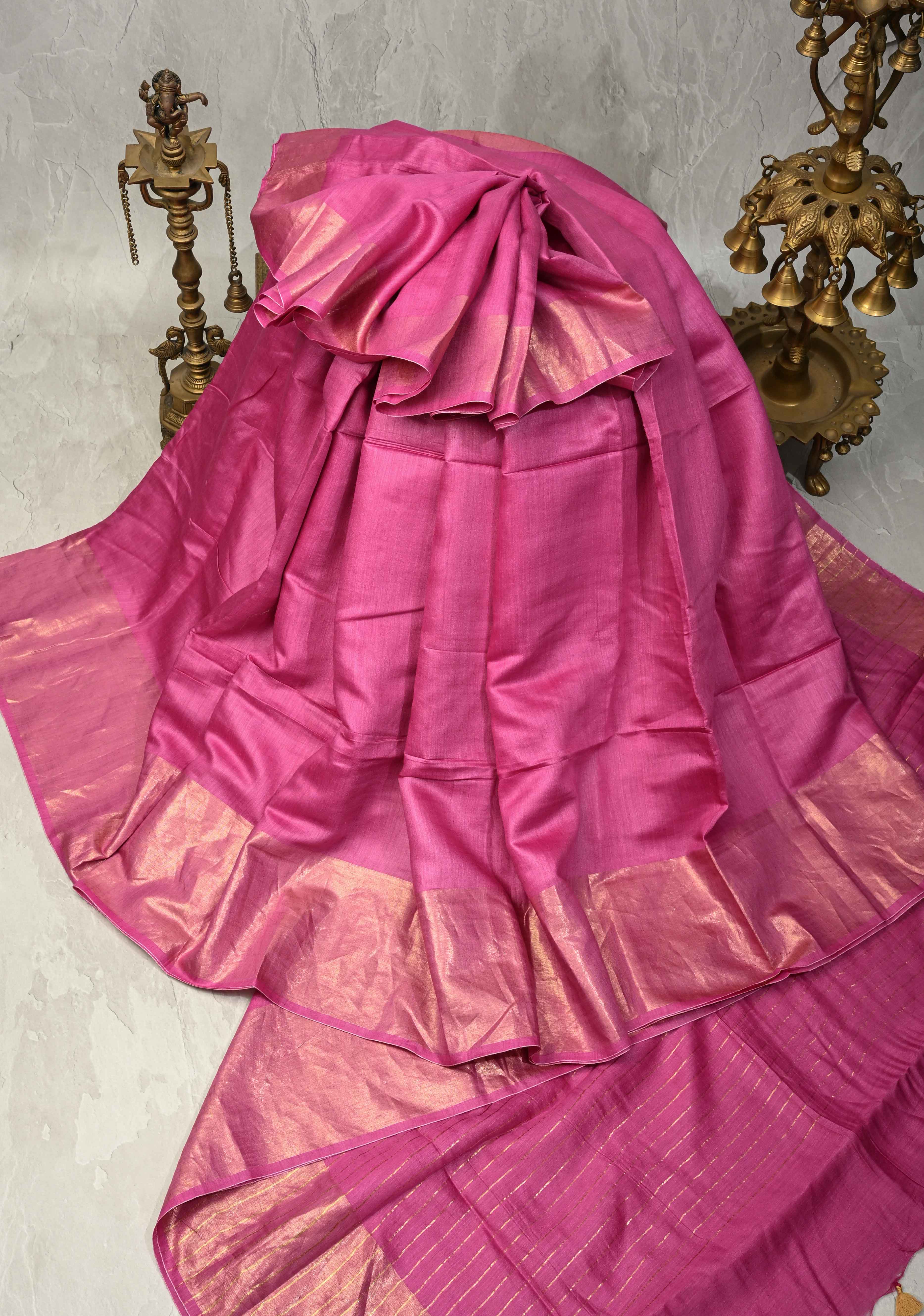 Raspberry Pink Ahimsa Silk Saree with Muted Wide Zari Border and Tassels | SILK MARK CERTIFIED | Shobitam