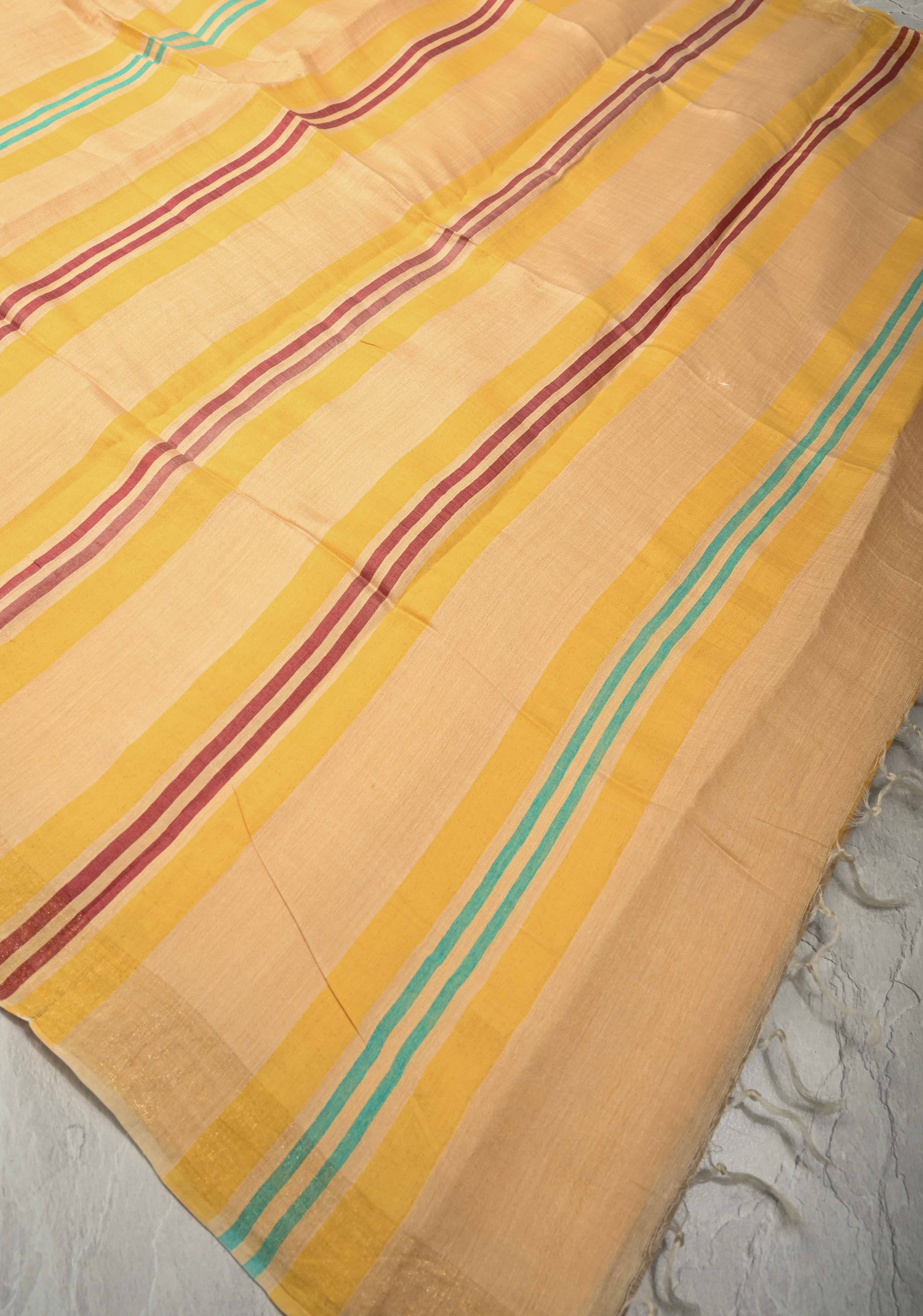 Beige Ahimsa Silk Saree with Muted Zari Border and Long Tassels | SILK MARK CERTIFIED | Shobitam