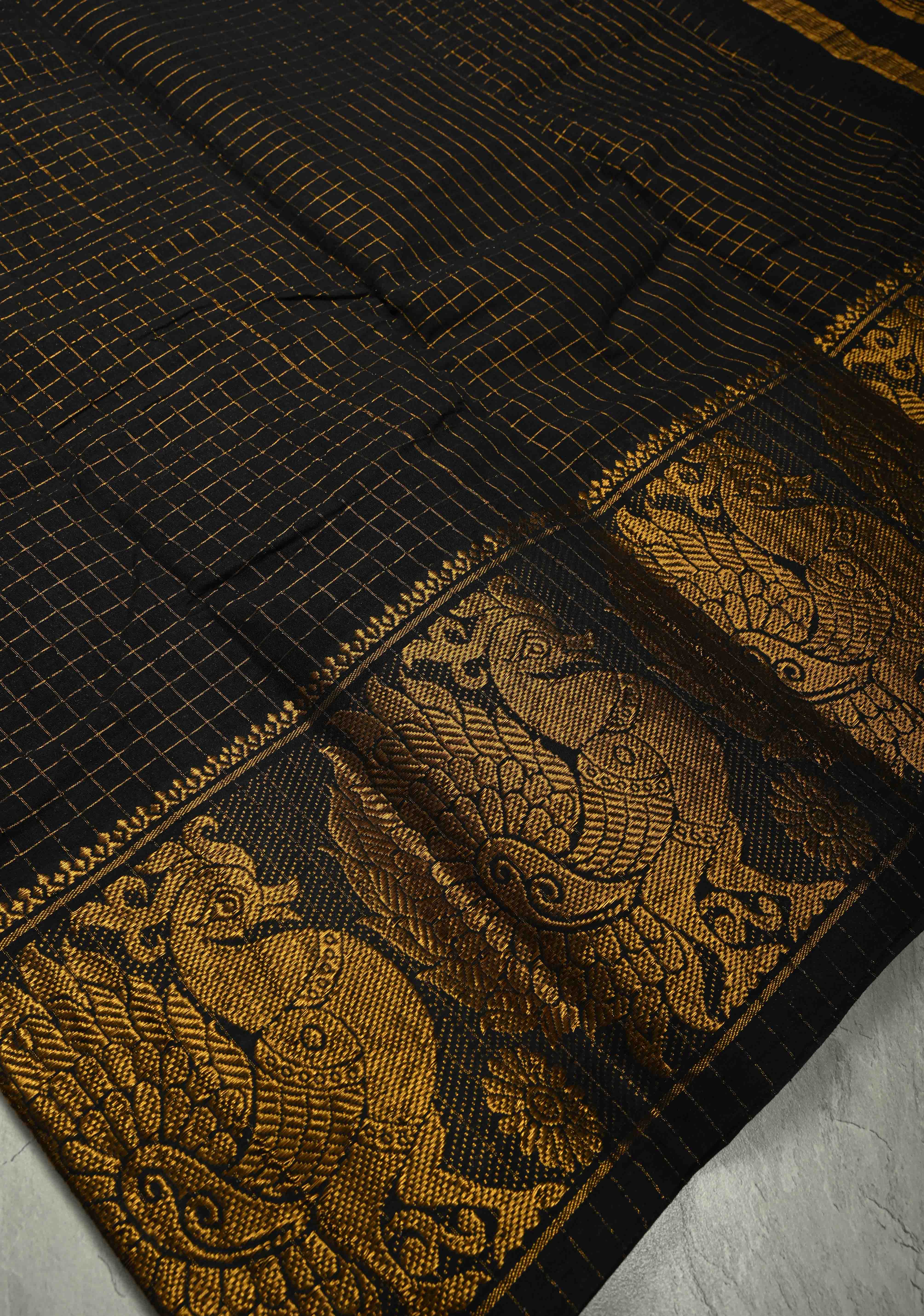 Vidya Balan Special - Black and Gold Madurai Cotton Saree with Zari Checks and Extra Wide Border | Shobitam