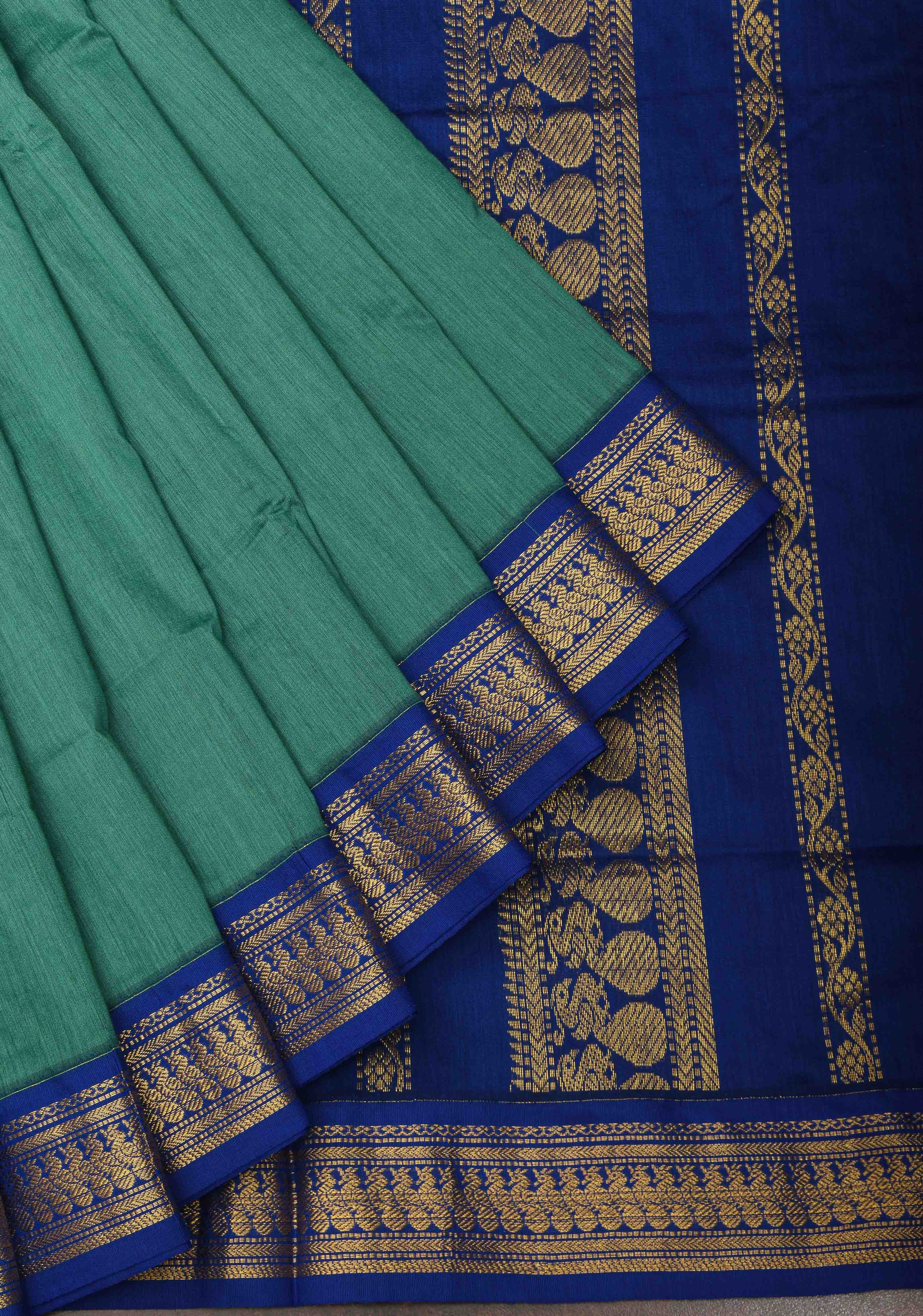 Persian Green Venkatagiri Cotton Silk Saree with Contrast Zari Border | Shobitam