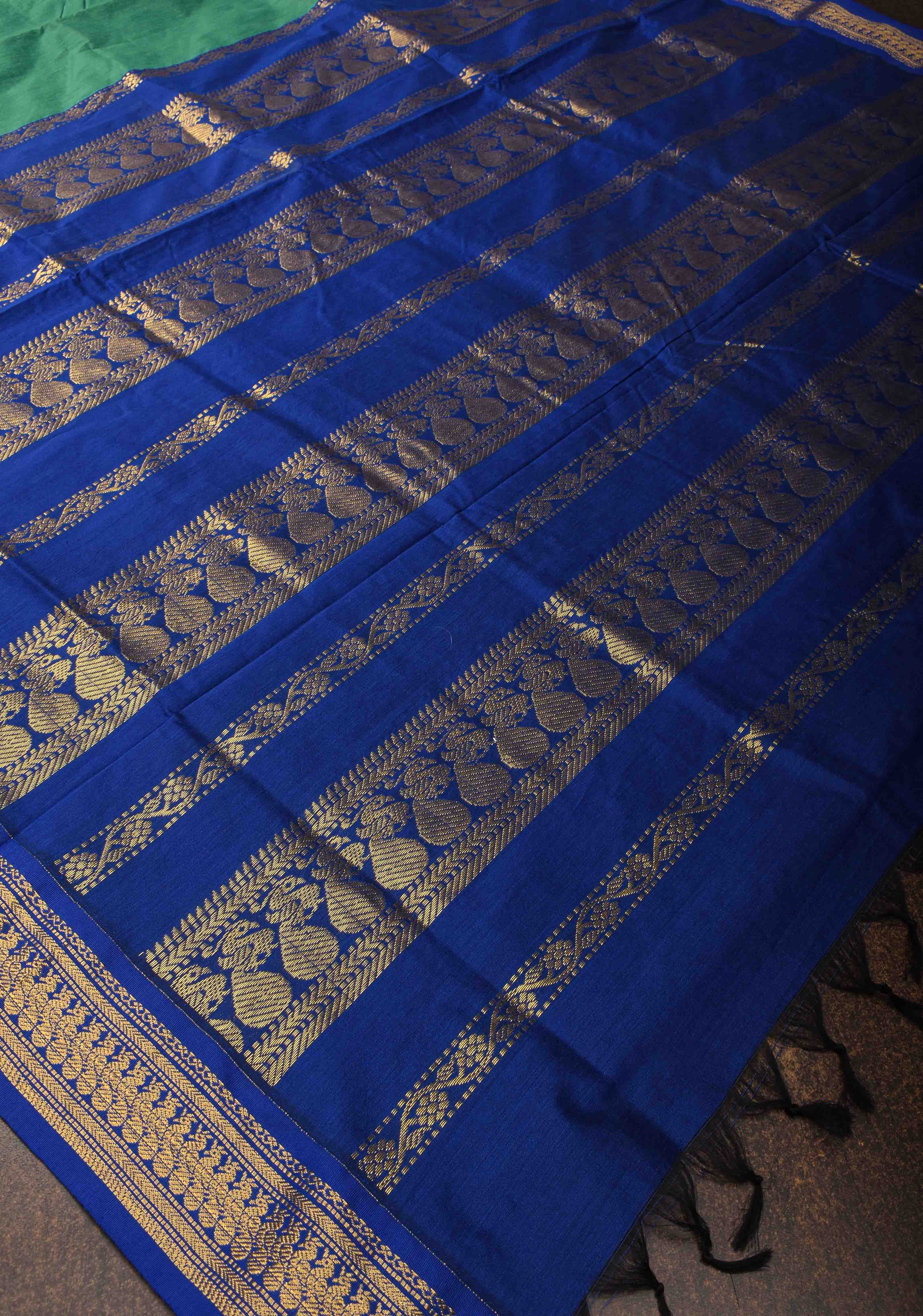 Persian Green Venkatagiri Cotton Silk Saree with Contrast Zari Border | Shobitam