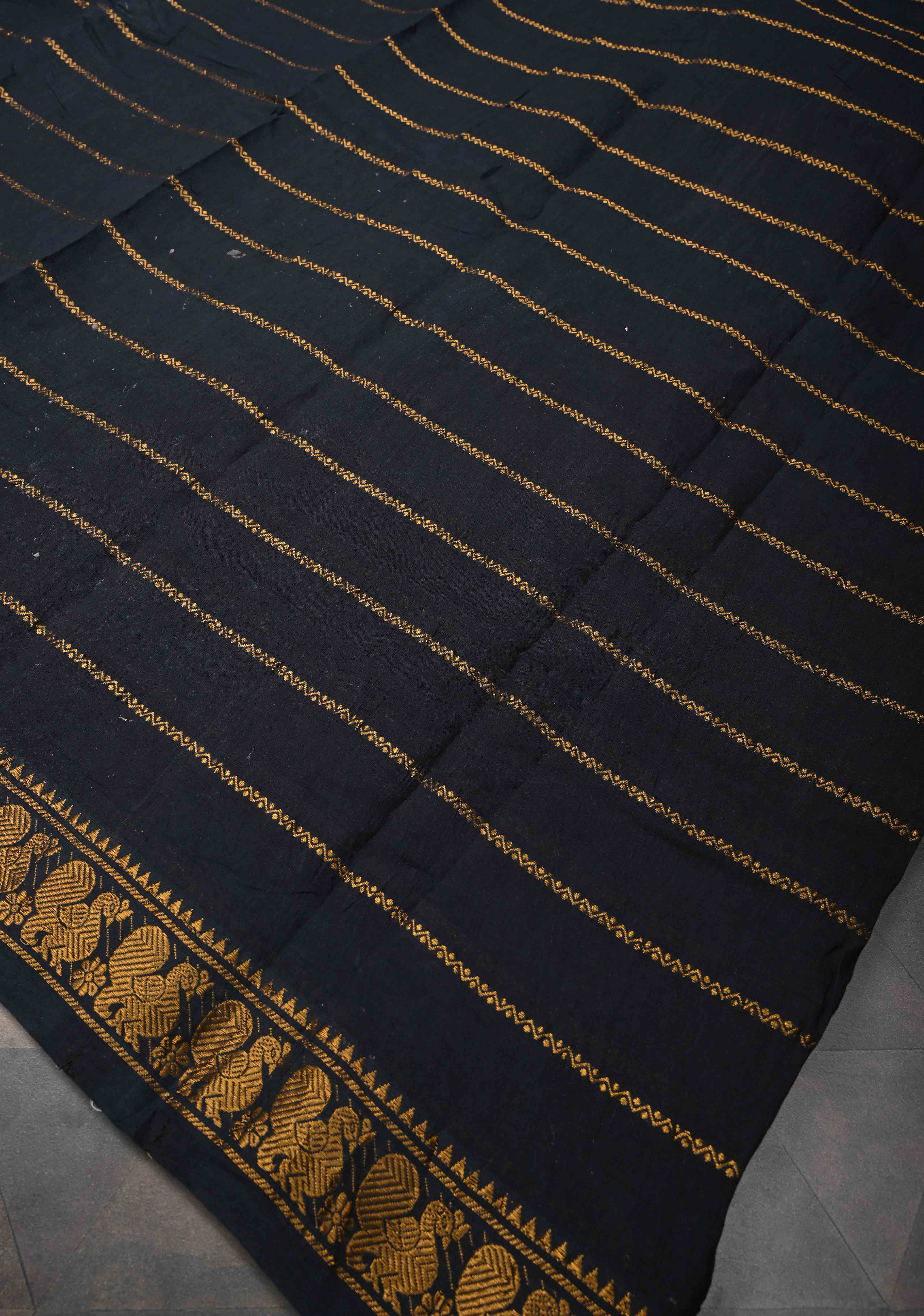 Veldhari Black Cotton Saree with Antique Horizontal Zari stripes and Peacock contrast Zari border, No blouse Piece | Shobitam