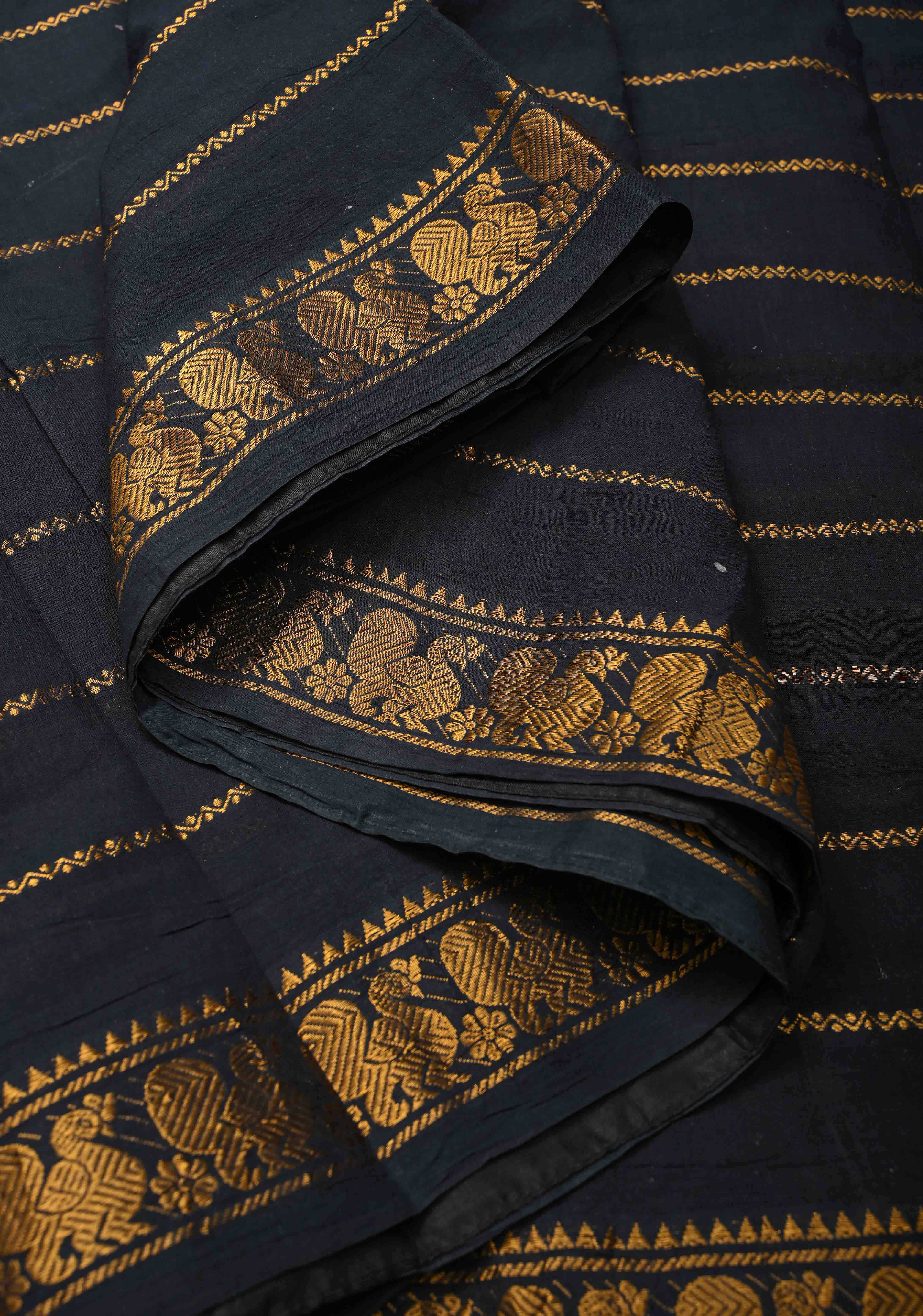 Veldhari Black Cotton Saree with Antique Horizontal Zari stripes and Peacock contrast Zari border, No blouse Piece | Shobitam