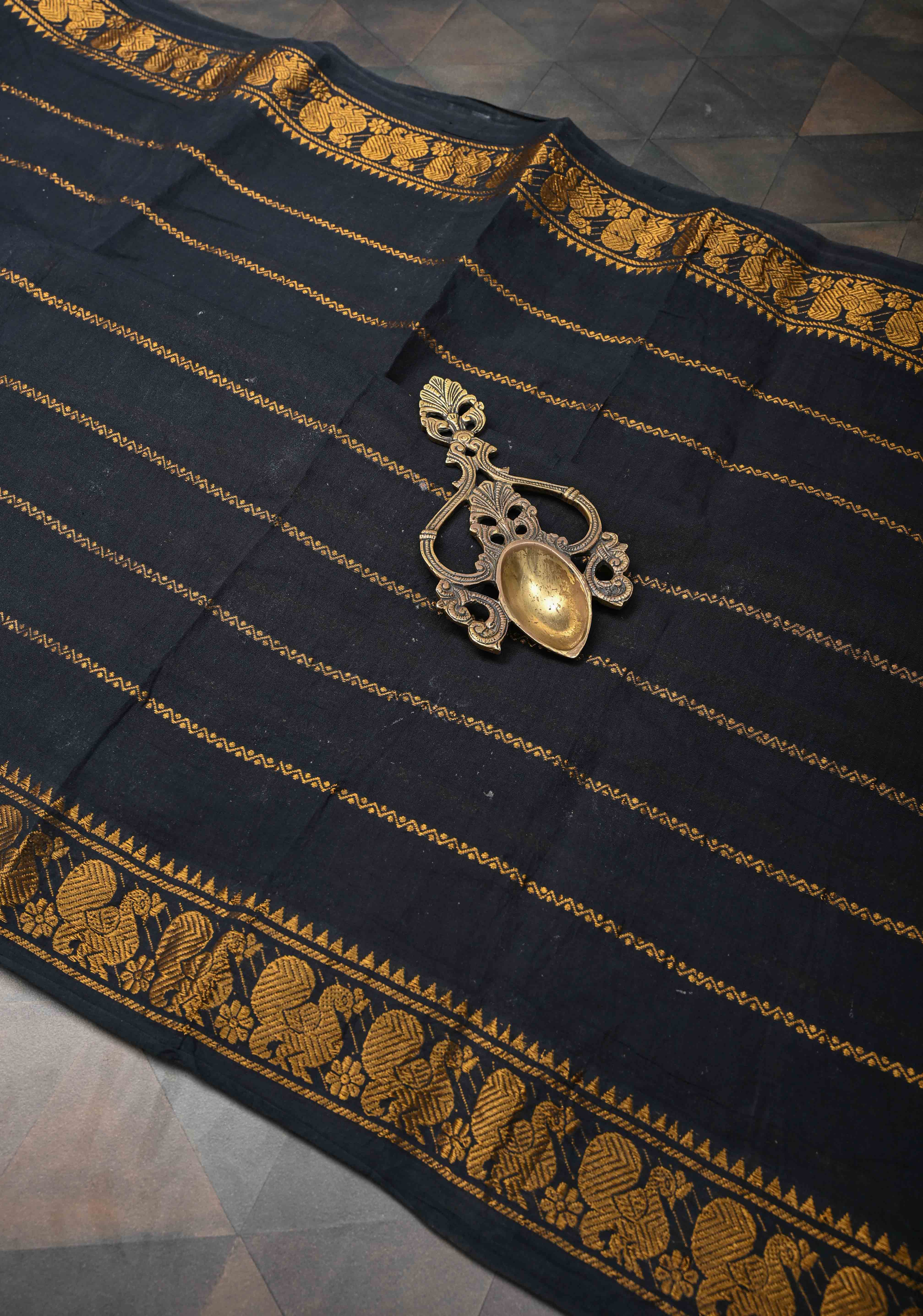 Veldhari Black Cotton Saree with Antique Horizontal Zari stripes and Peacock contrast Zari border, No blouse Piece | Shobitam