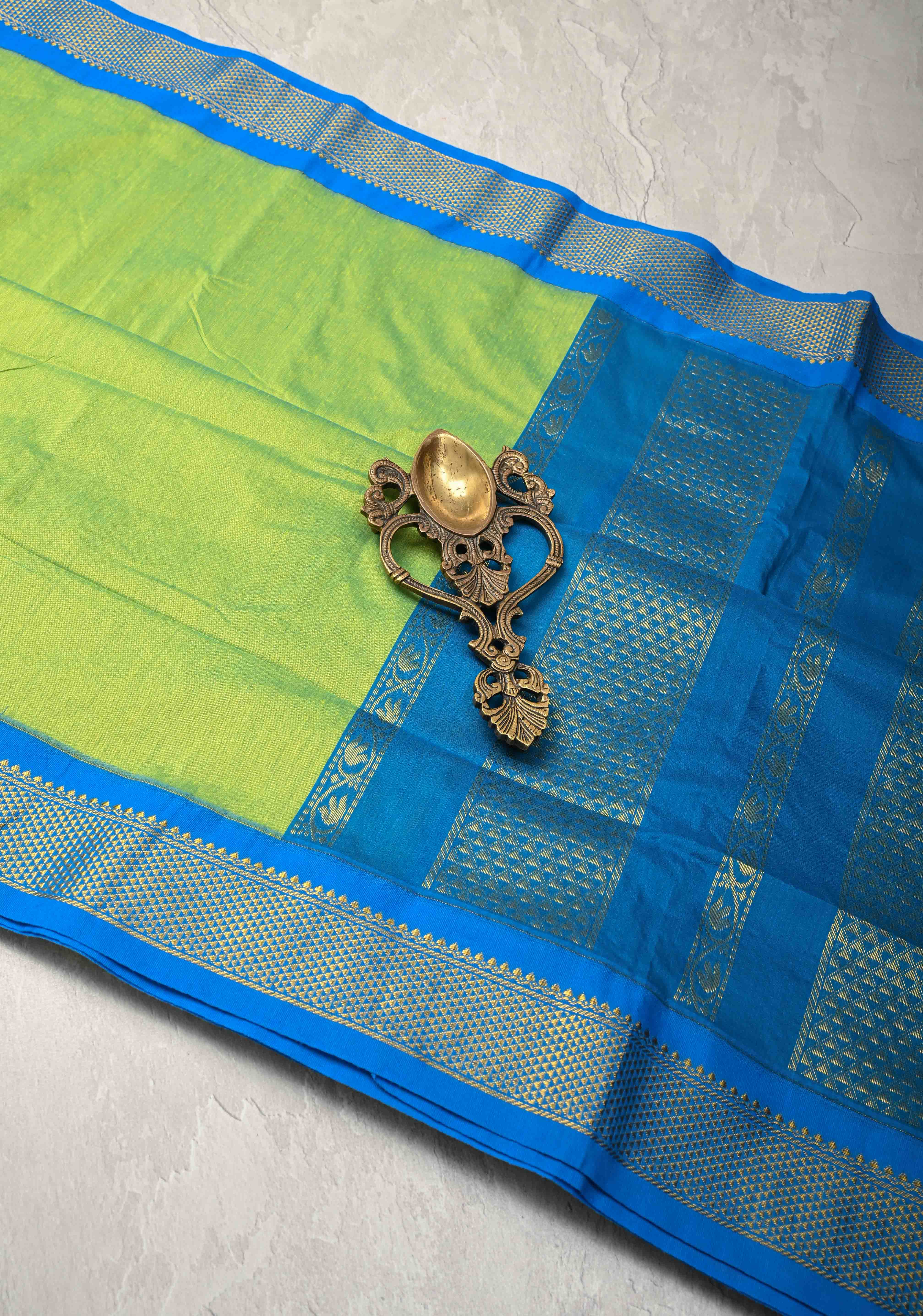 Electric Green Venkatagiri Cotton Silk Saree with Zari Border | Shobitam