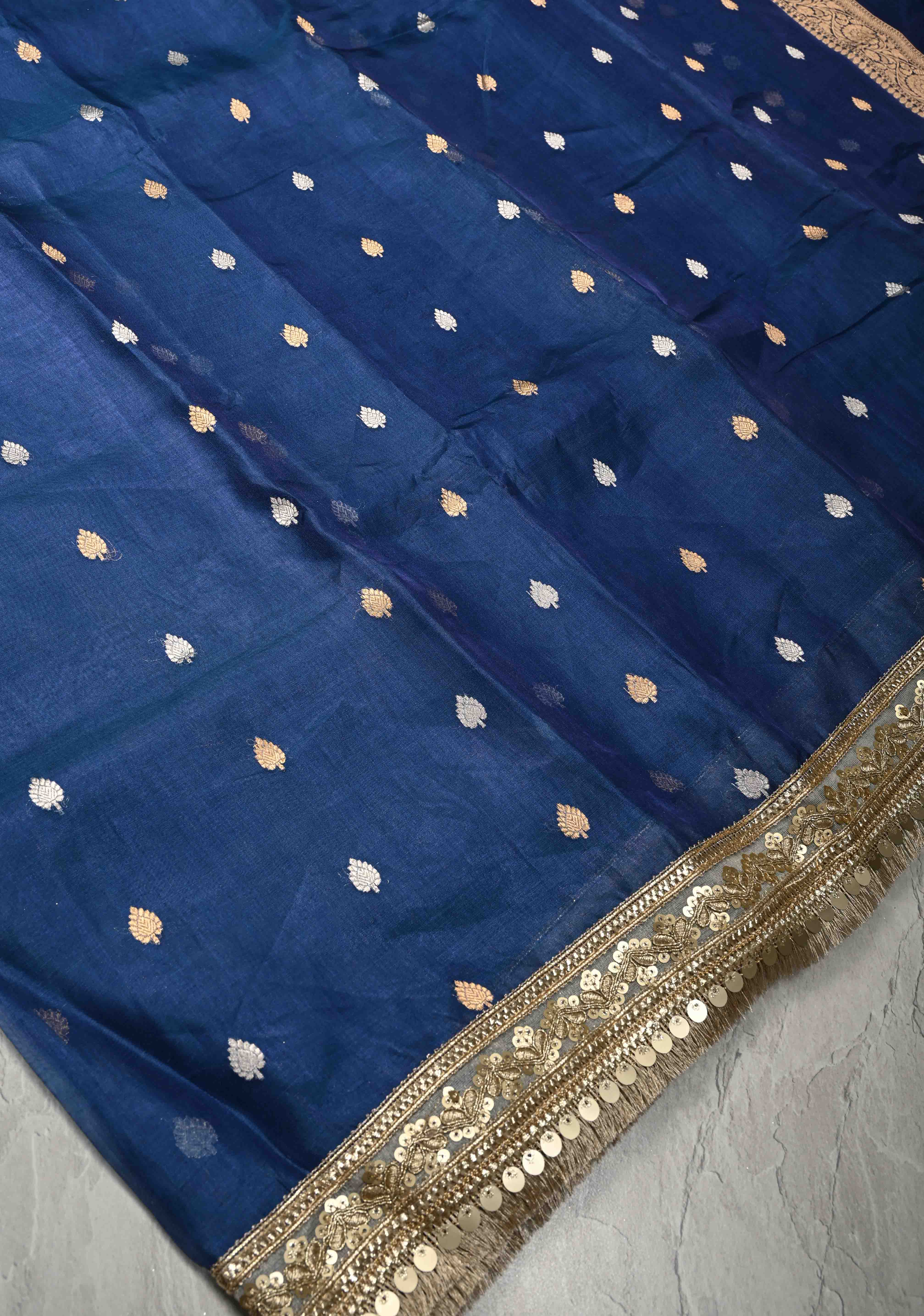 Prussian Blue Organza Silk Saree with Sona Rupa Buttis and Fancy Lace Trim Border | SILK MARK CERTIFIED | Shobitam