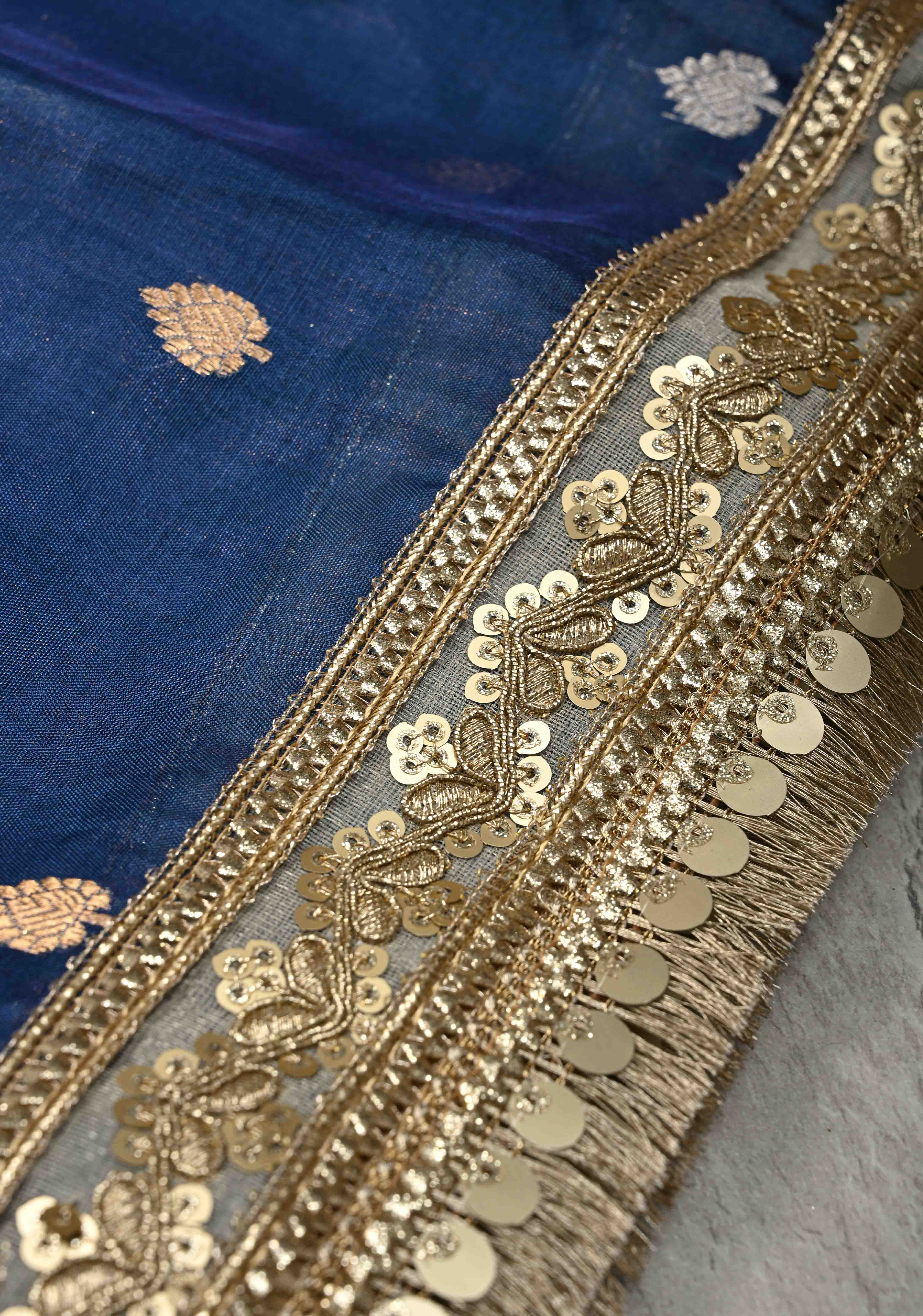 Prussian Blue Organza Silk Saree with Sona Rupa Buttis and Fancy Lace Trim Border | SILK MARK CERTIFIED | Shobitam