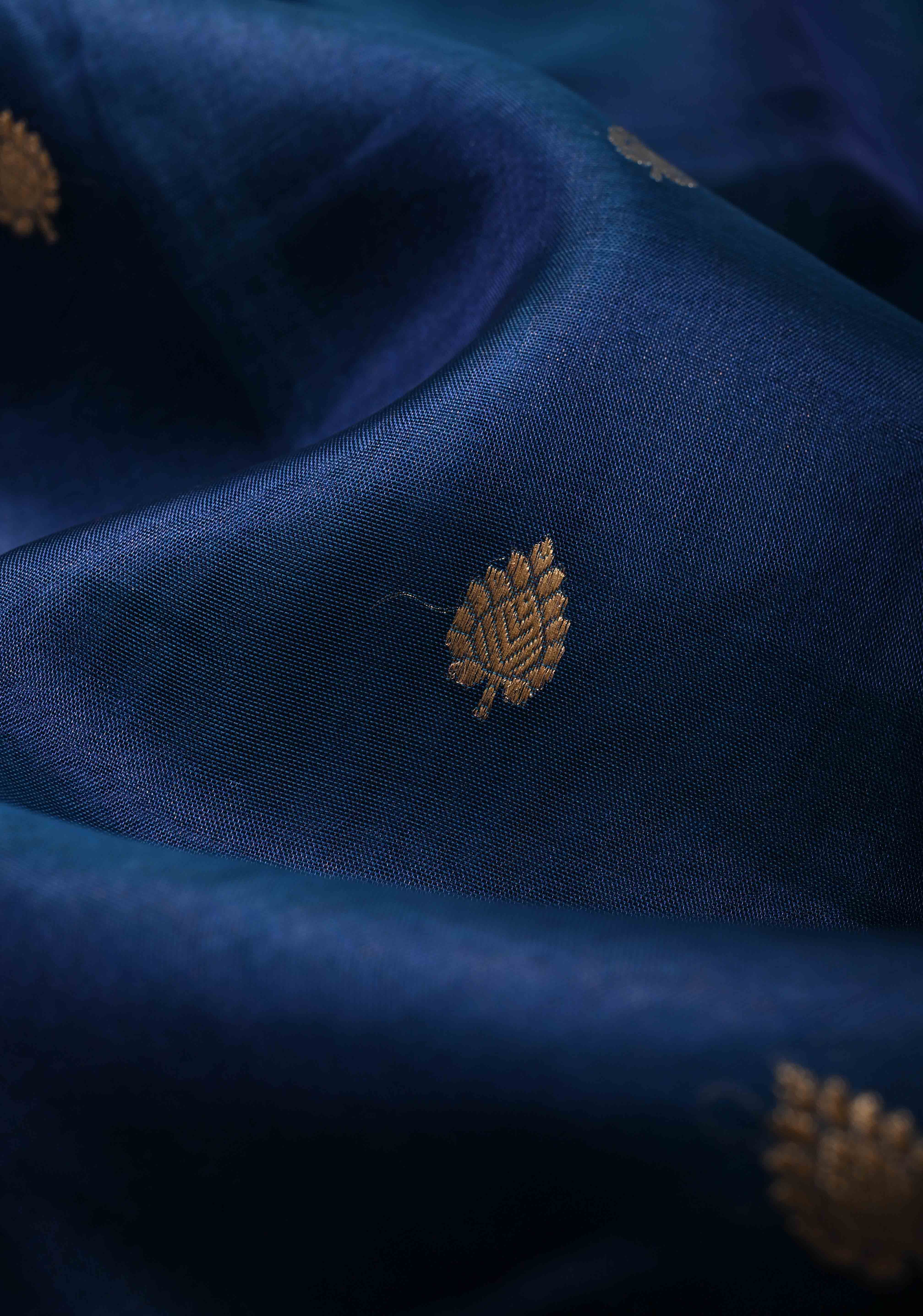 Prussian Blue Organza Silk Saree with Sona Rupa Buttis and Fancy Lace Trim Border | SILK MARK CERTIFIED | Shobitam
