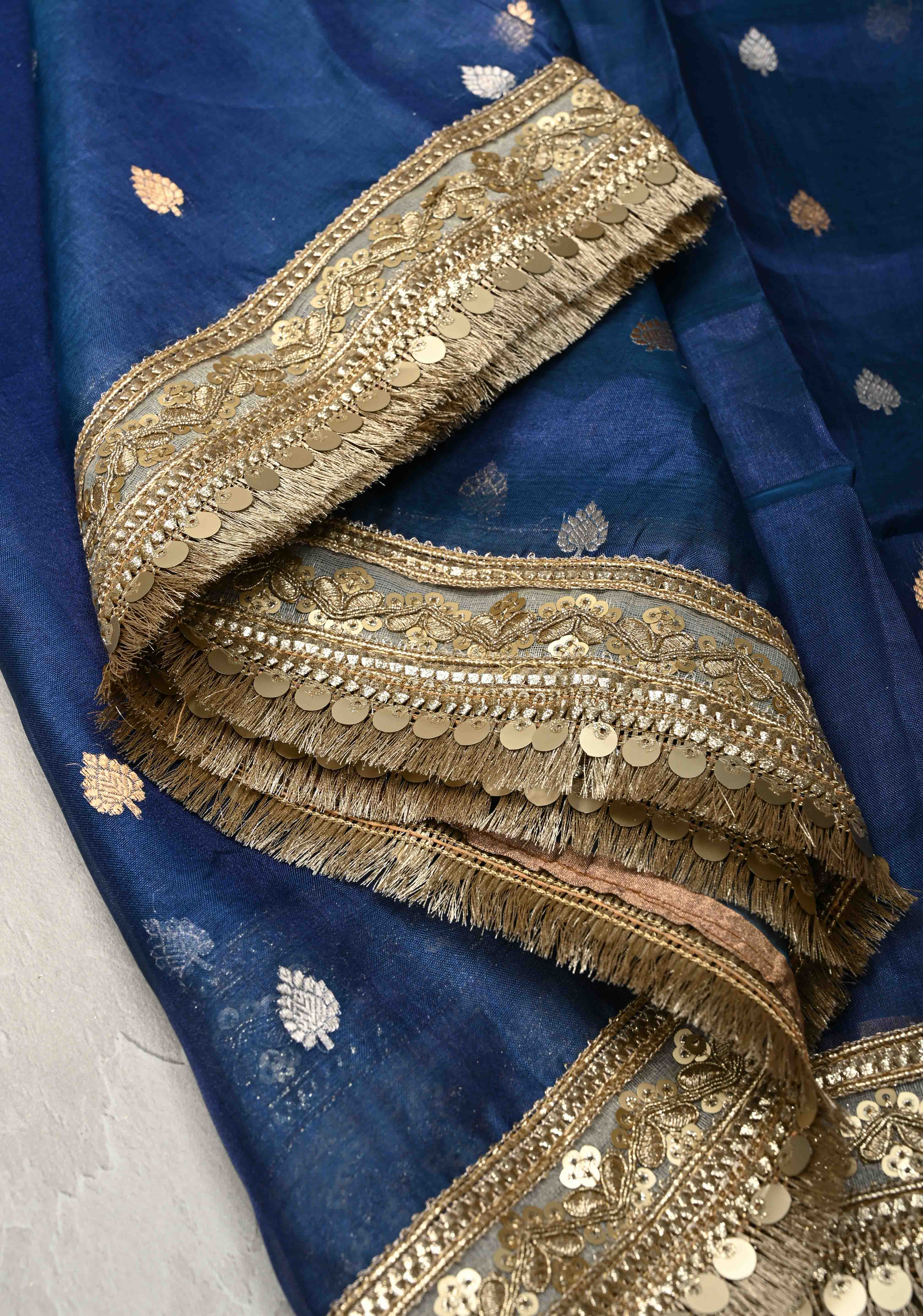 Prussian Blue Organza Silk Saree with Sona Rupa Buttis and Fancy Lace Trim Border | SILK MARK CERTIFIED | Shobitam