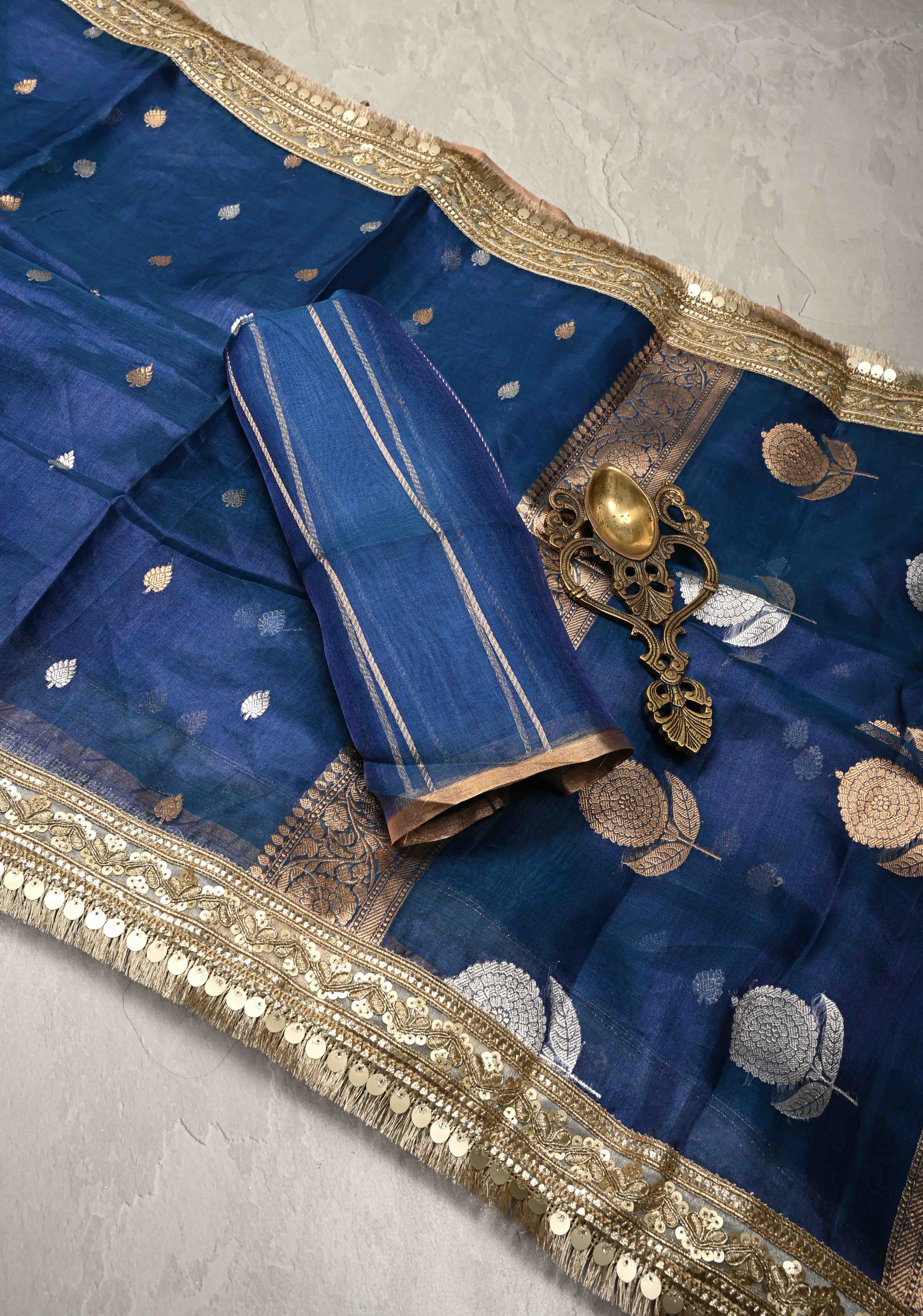 Prussian Blue Organza Silk Saree with Sona Rupa Buttis and Fancy Lace Trim Border | SILK MARK CERTIFIED | Shobitam