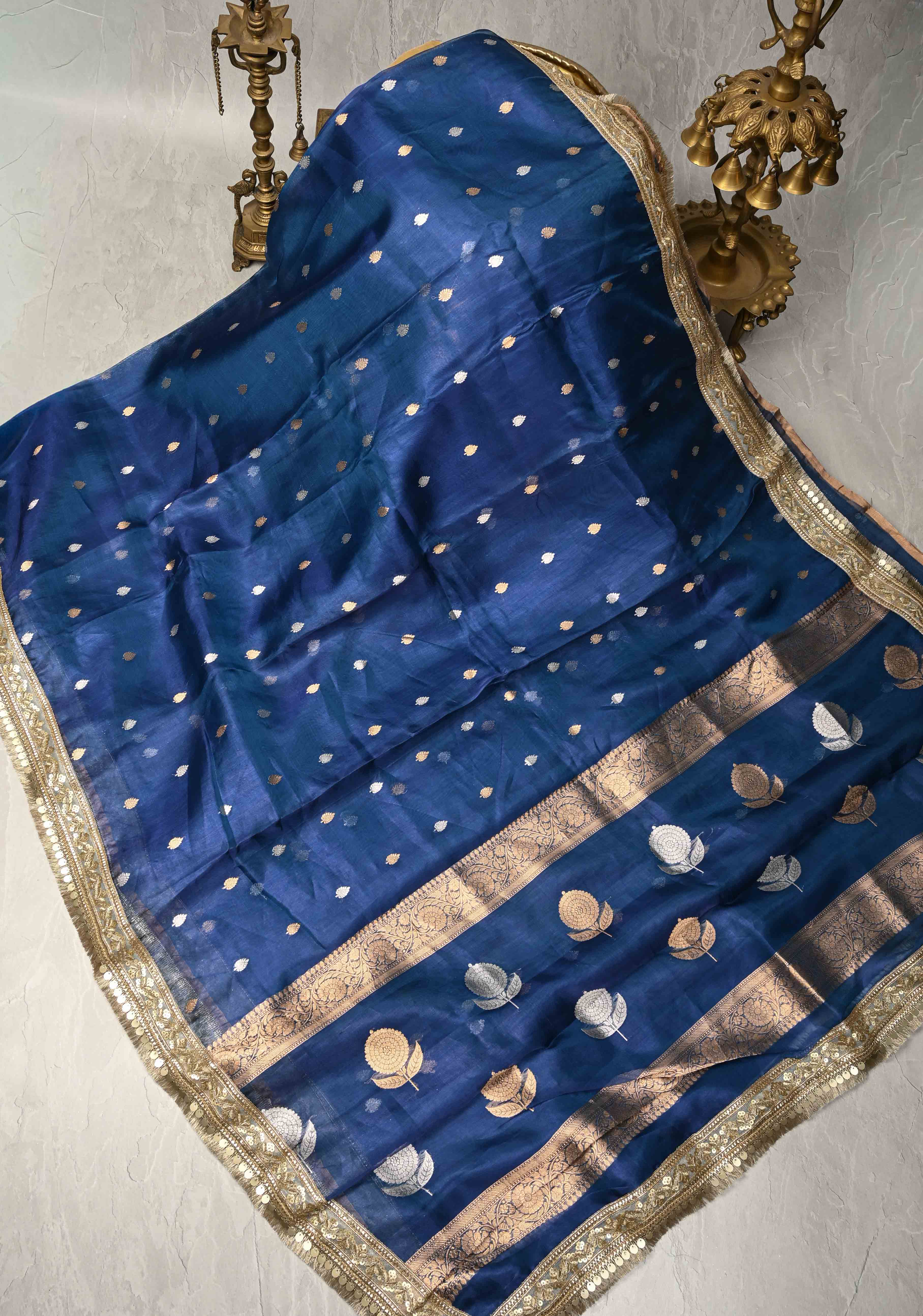 Prussian Blue Organza Silk Saree with Sona Rupa Buttis and Fancy Lace Trim Border | SILK MARK CERTIFIED | Shobitam
