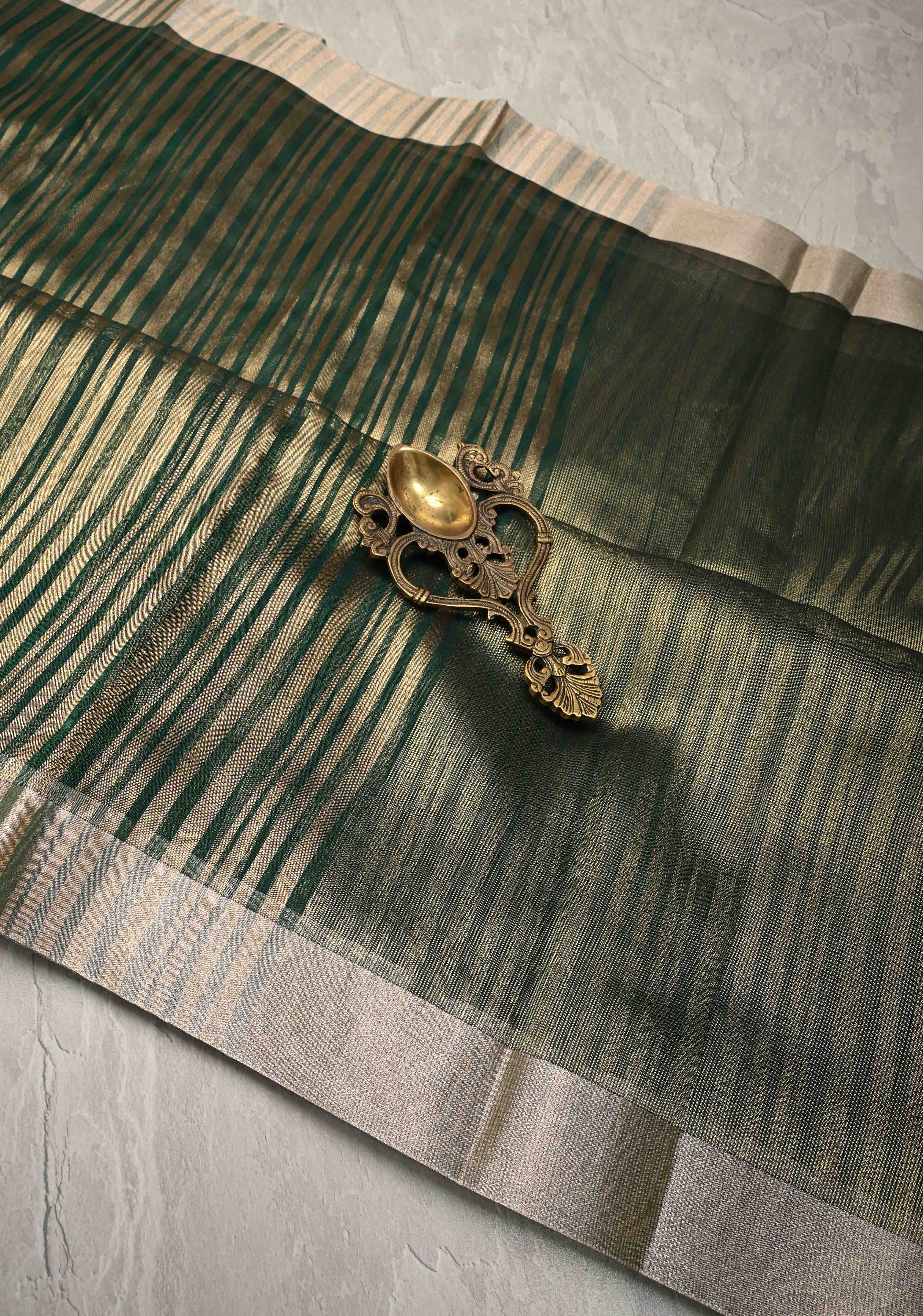 Dark Green Semi Kora Saree with Tissue Stripes and Zari Border