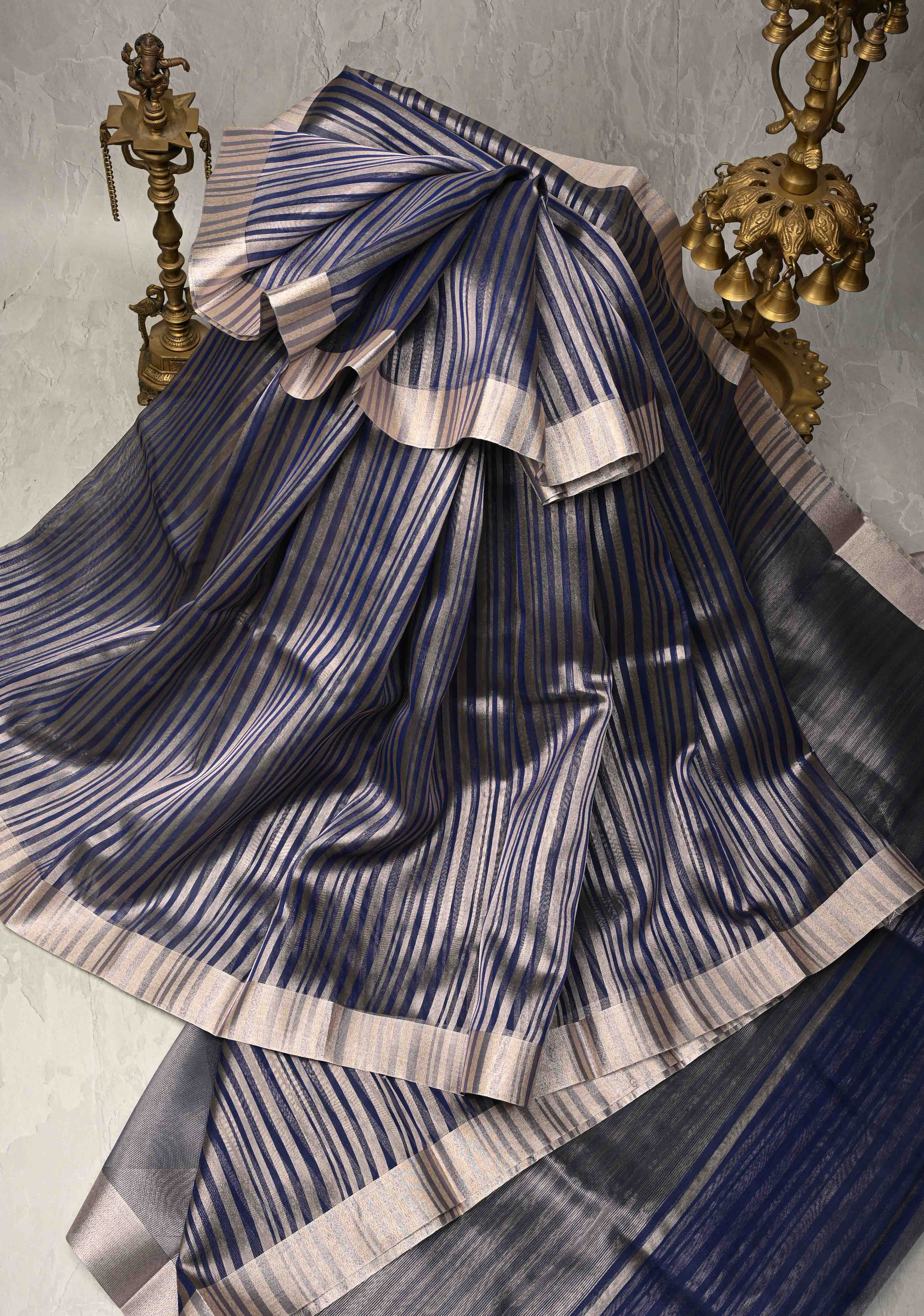 Royal Blue Semi Kora Saree with Tissue Stripes and Zari Border