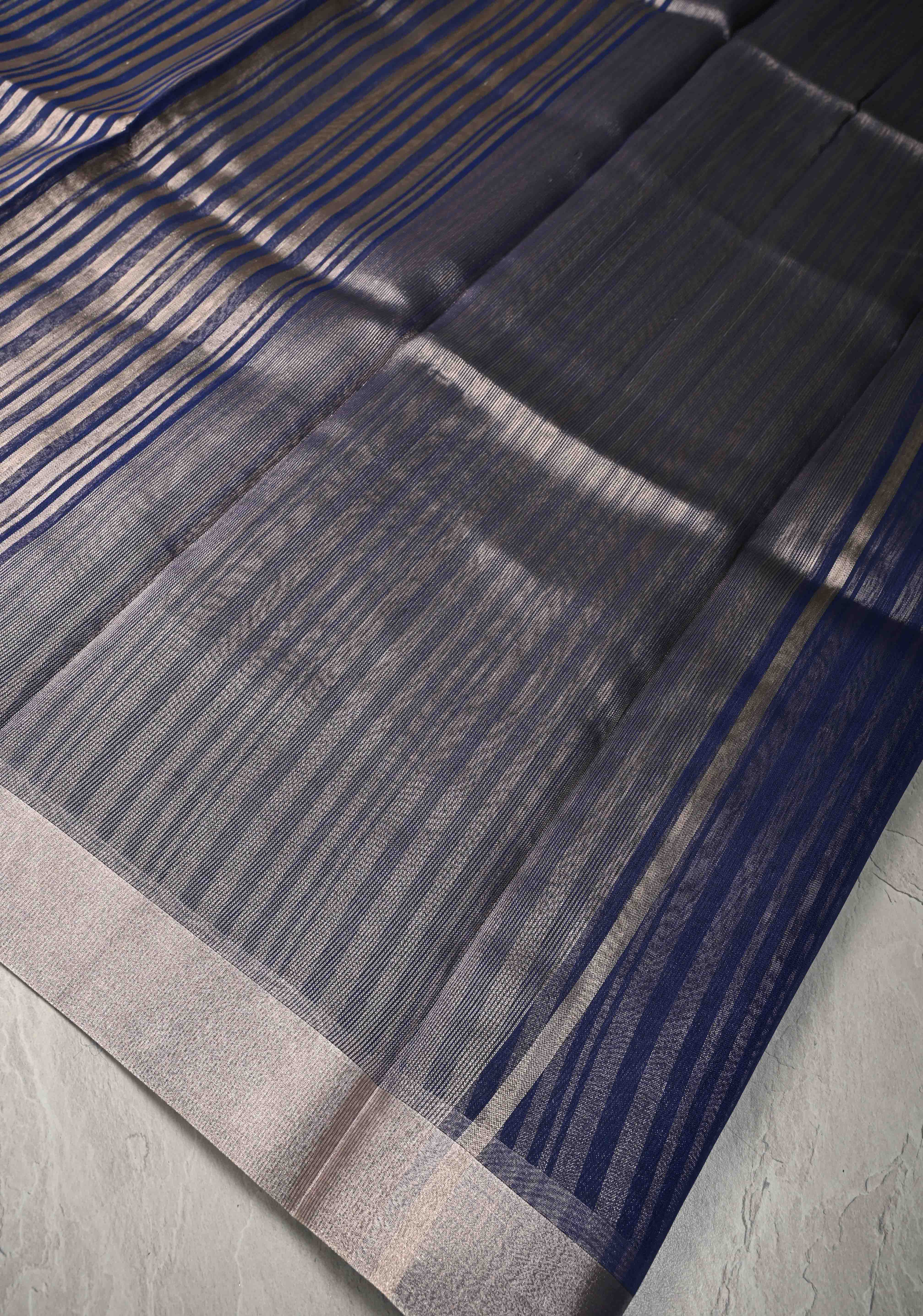 Royal Blue Semi Kora Saree with Tissue Stripes and Zari Border | Shobitam
