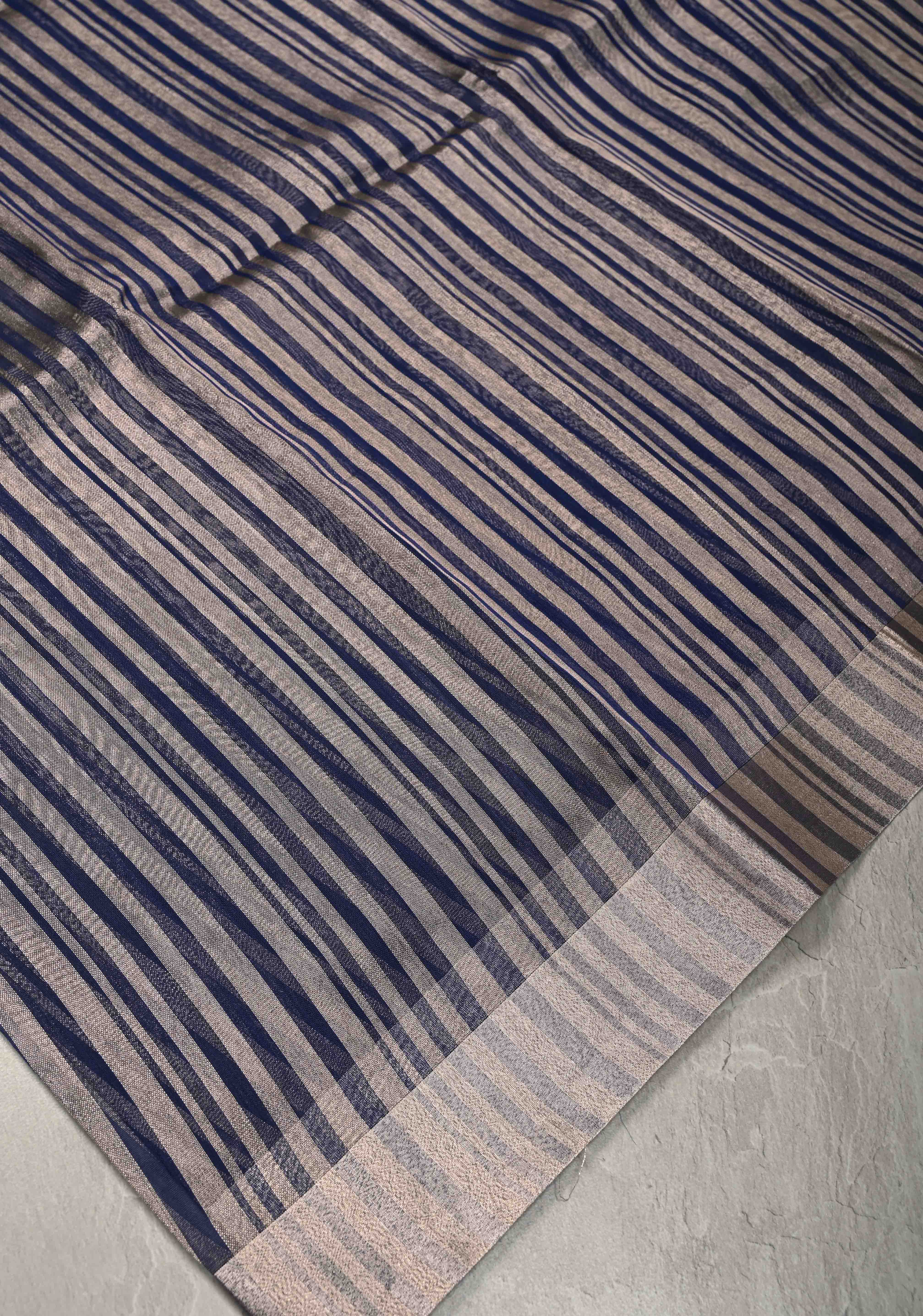 Royal Blue Semi Kora Saree with Tissue Stripes and Zari Border | Shobitam