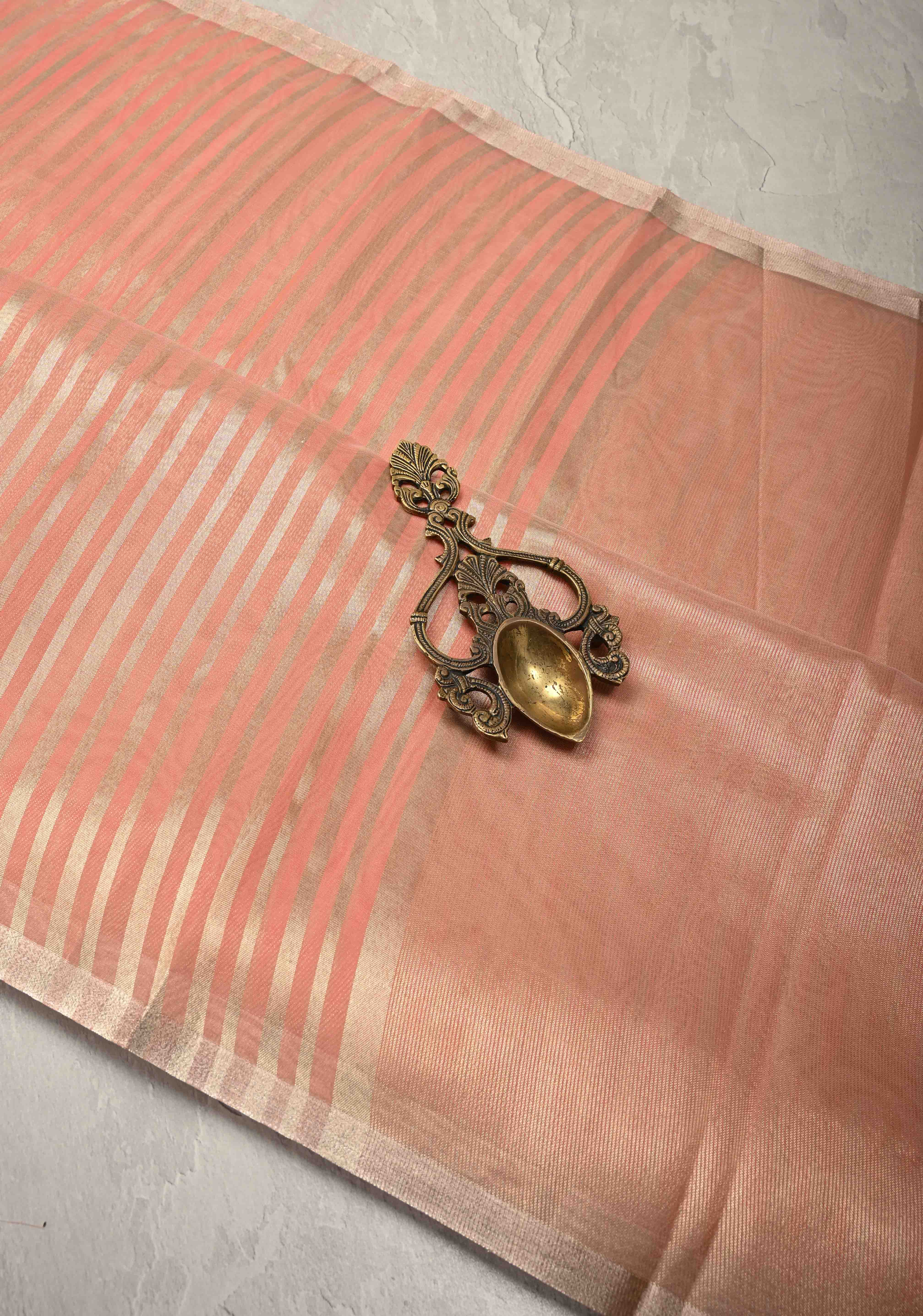 Salmon Pink Semi Kora Saree with Tissue Stripes and Minimal Zari Border