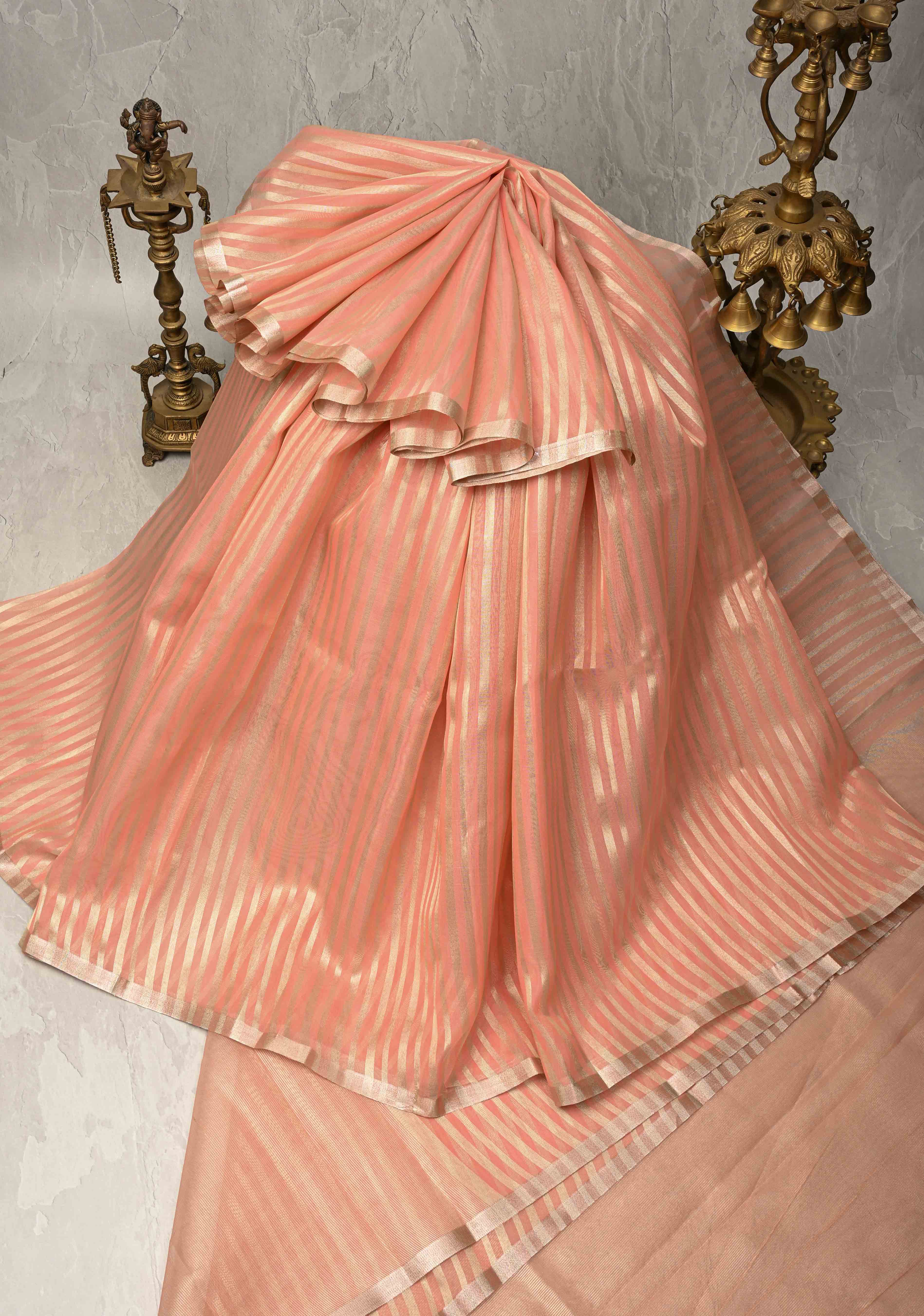 Salmon Pink Semi Kora Saree with Tissue Stripes and Minimal Zari Border