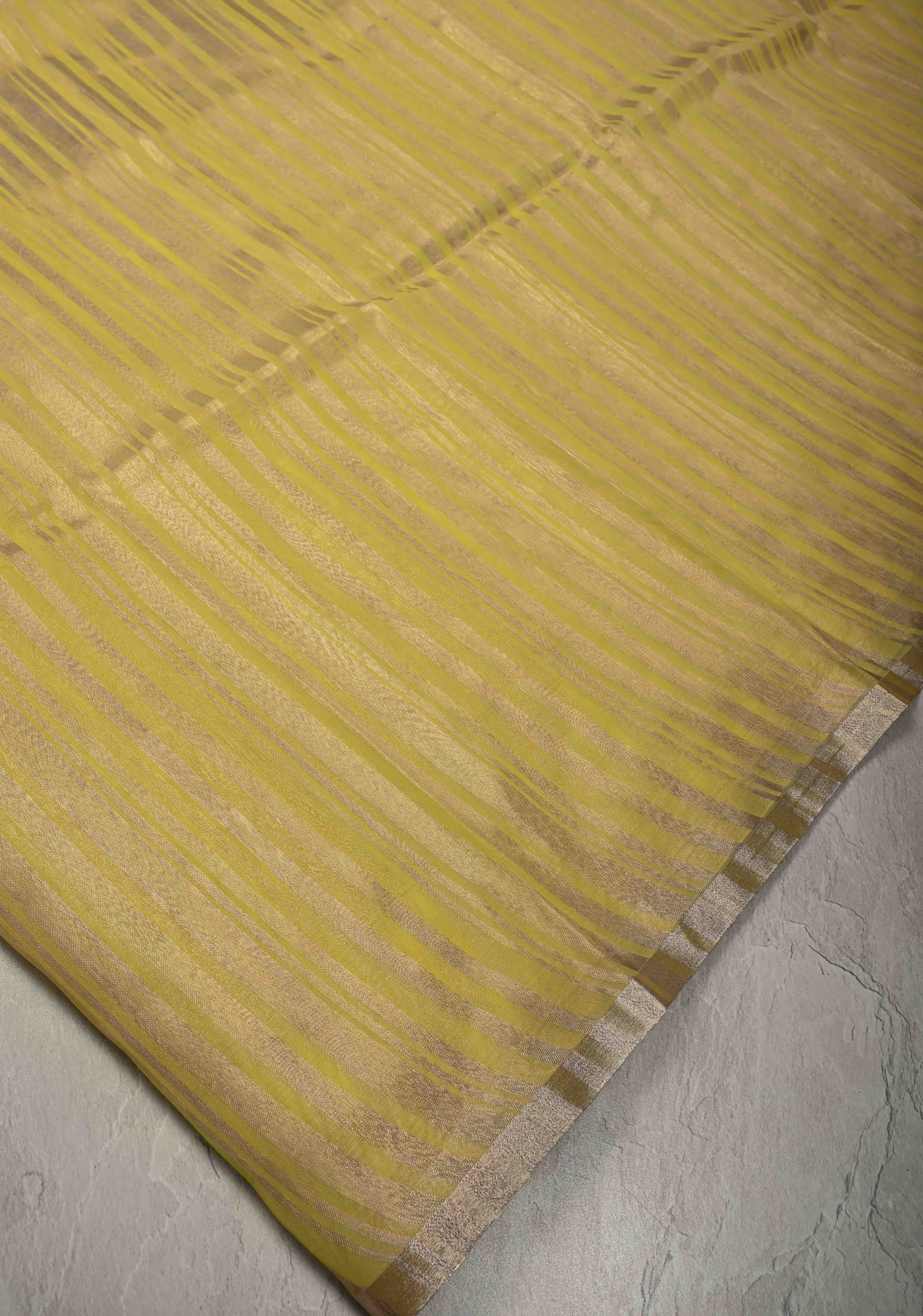 Musturd Yellow Semi Kora Saree with Tissue Stripes and Minimal Zari Border | Shobitam