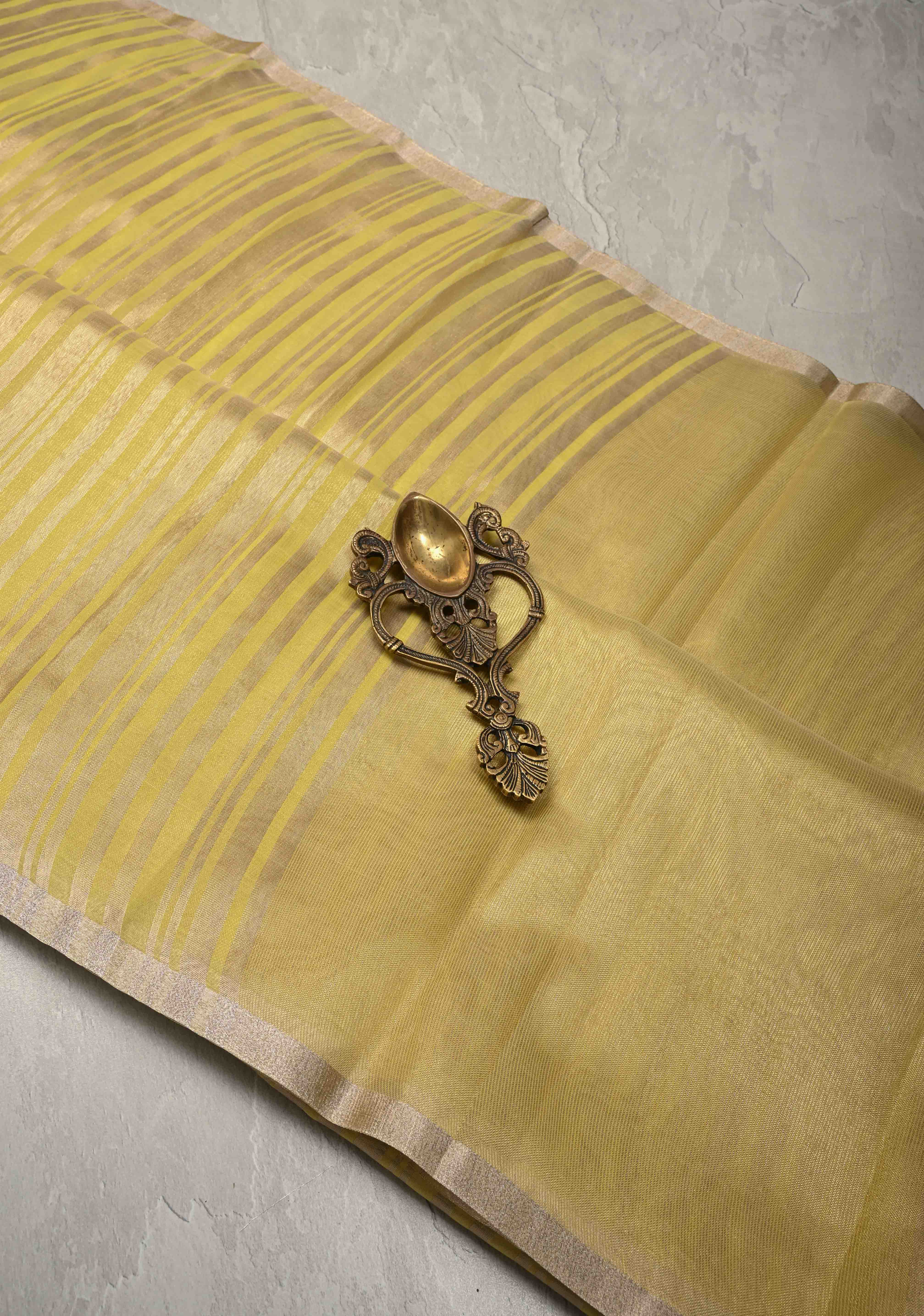 Musturd Yellow Semi Kora Saree with Tissue Stripes and Minimal Zari Border | Shobitam