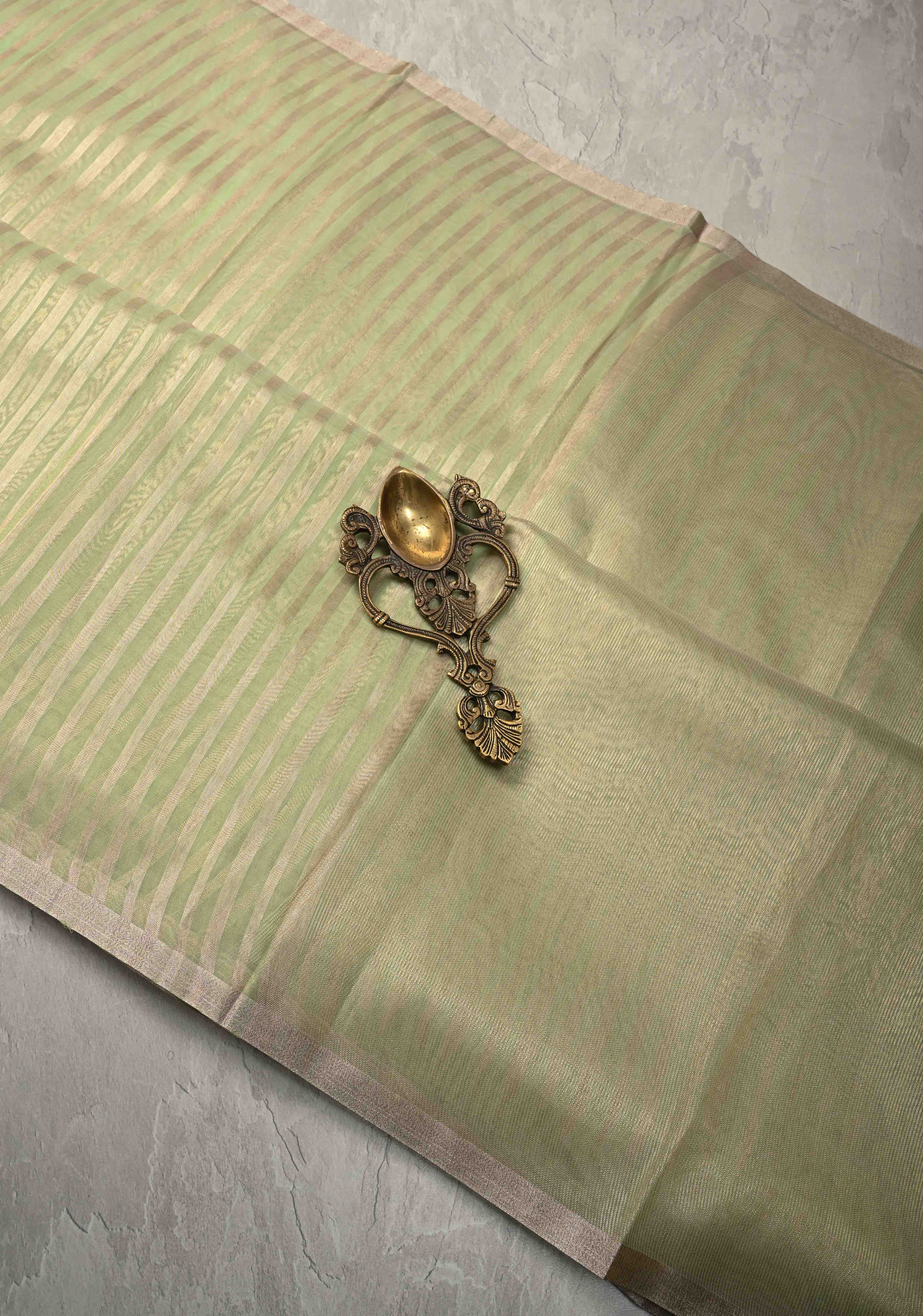 Lime Green Semi Kora Saree with Tissue Stripes and Minimal Zari Border | SHOBITAM