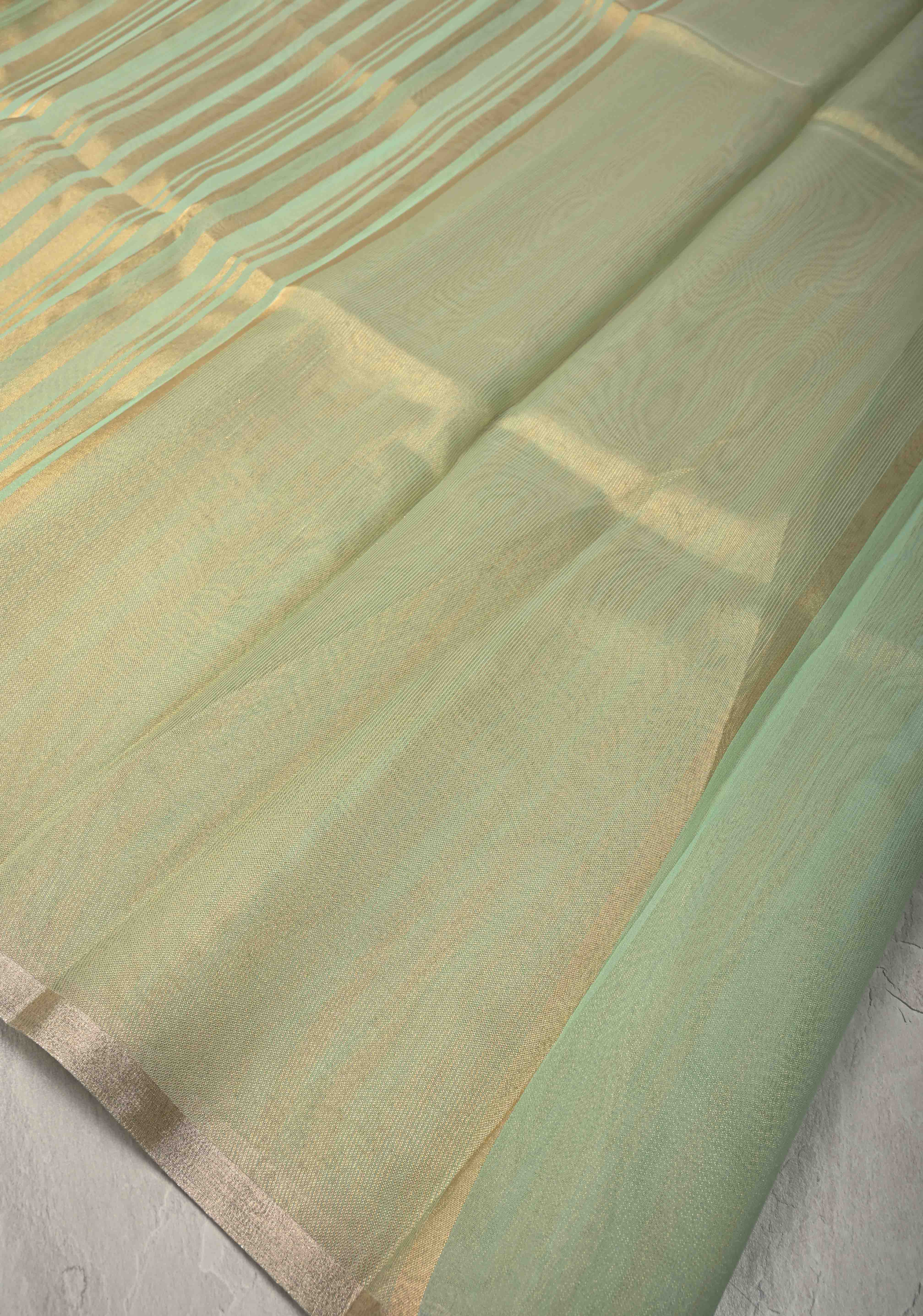 Dusty Pista Semi Kora Saree with Tissue Stripes and Minimal Zari Border | Shobitam