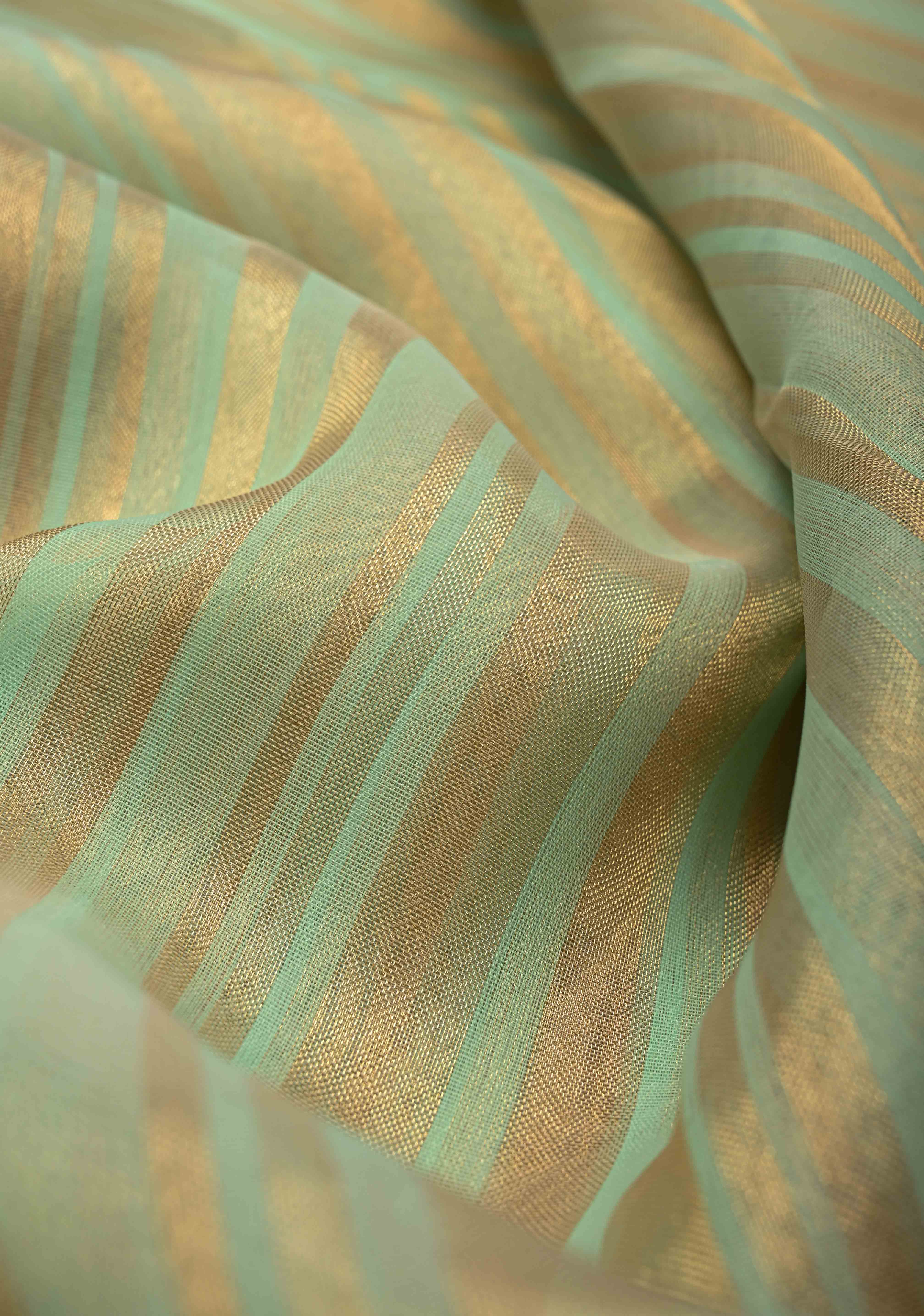Dusty Pista Semi Kora Saree with Tissue Stripes and Minimal Zari Border | Shobitam