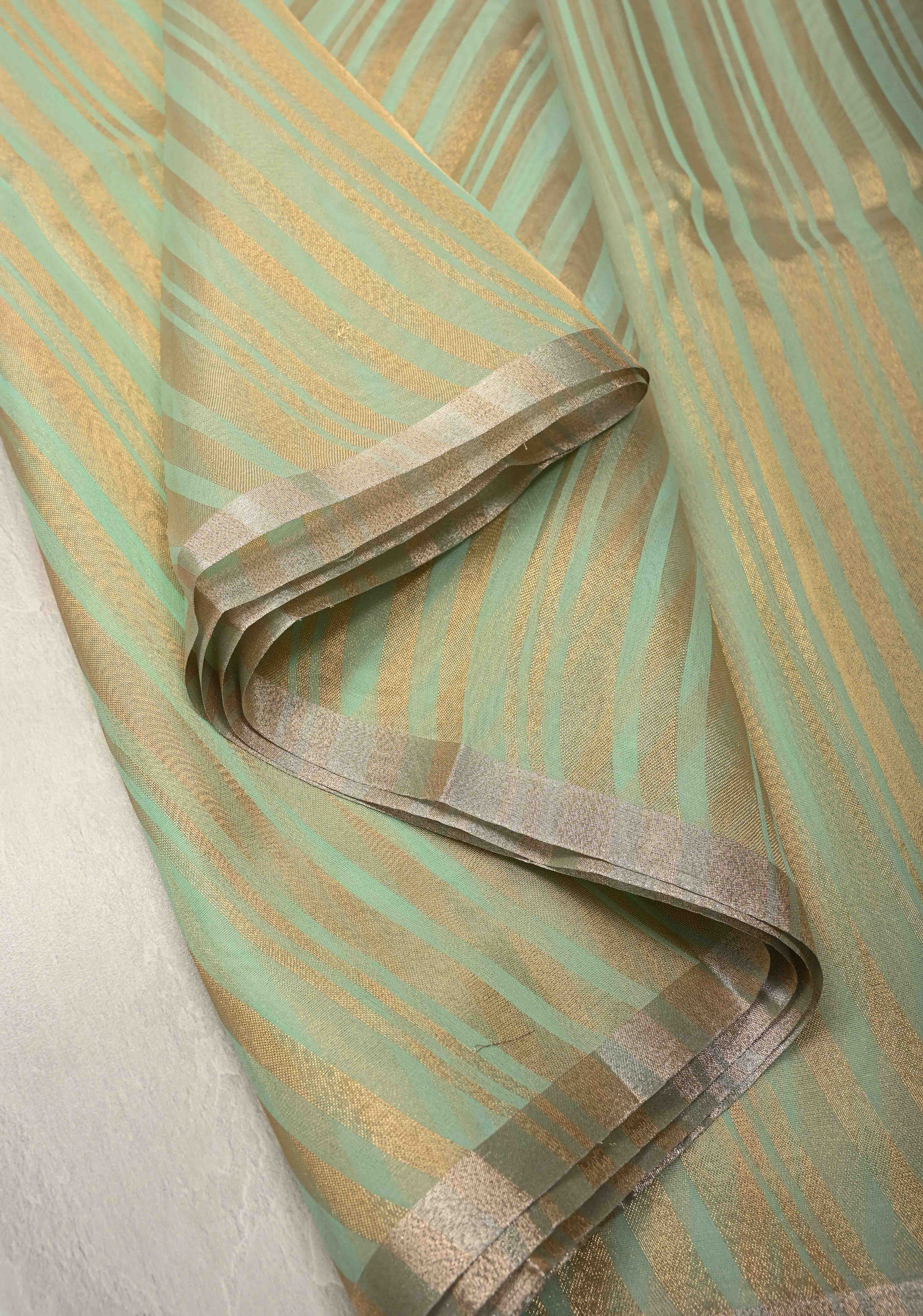 Dusty Pista Semi Kora Saree with Tissue Stripes and Minimal Zari Border | Shobitam