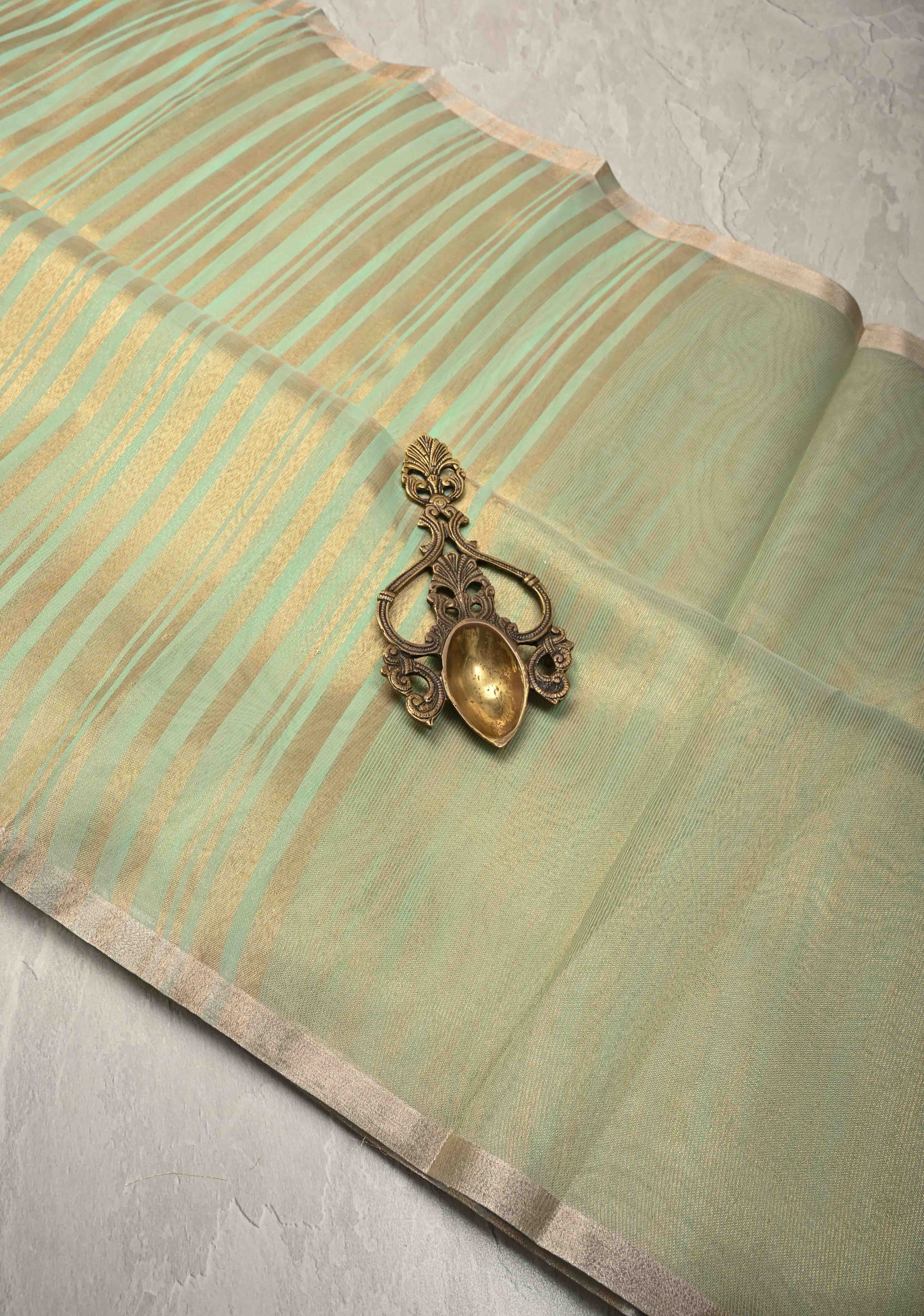 Dusty Pista Semi Kora Saree with Tissue Stripes and Minimal Zari Border | Shobitam