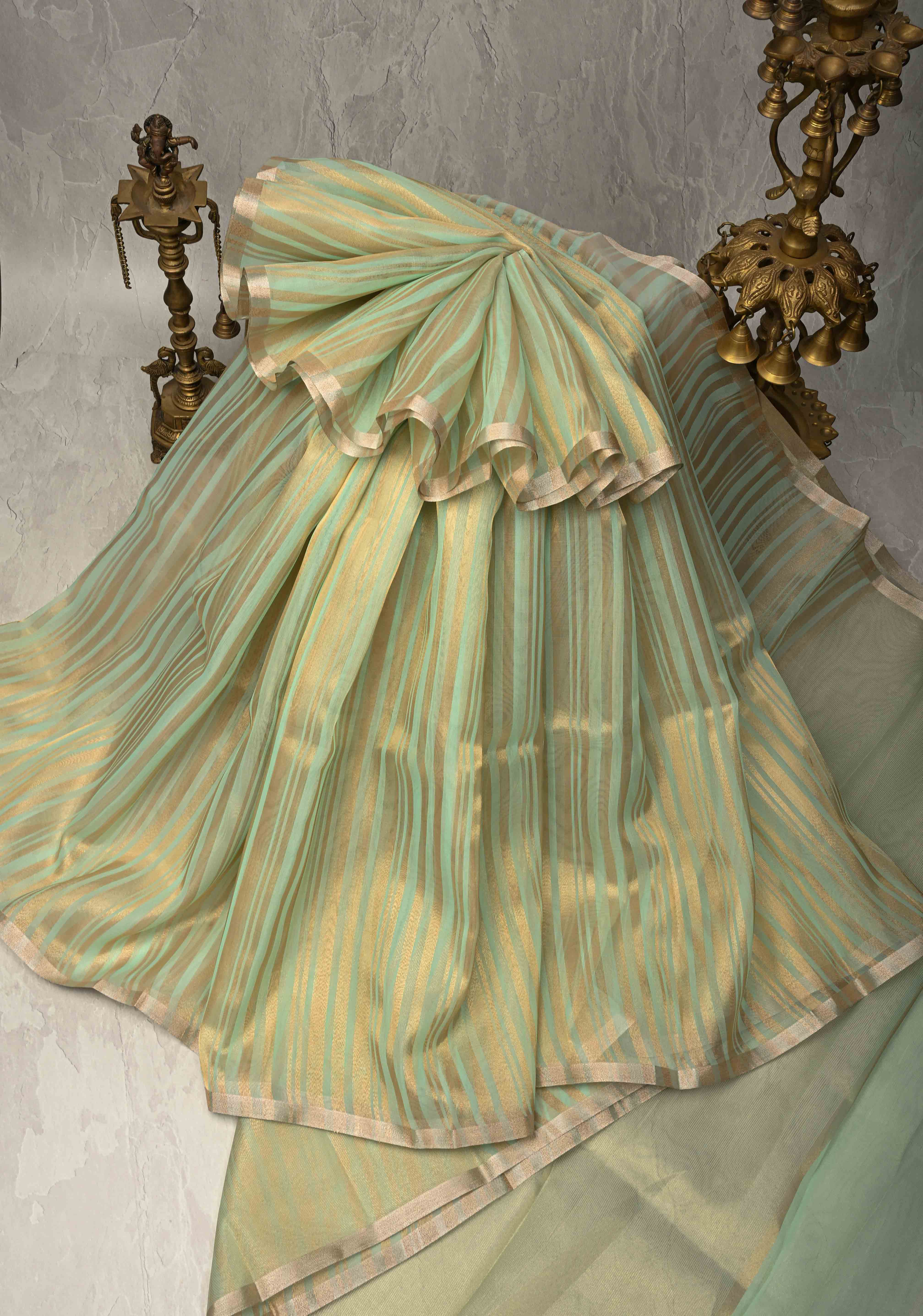 Dusty Pista Semi Kora Saree with Tissue Stripes and Minimal Zari Border | Shobitam