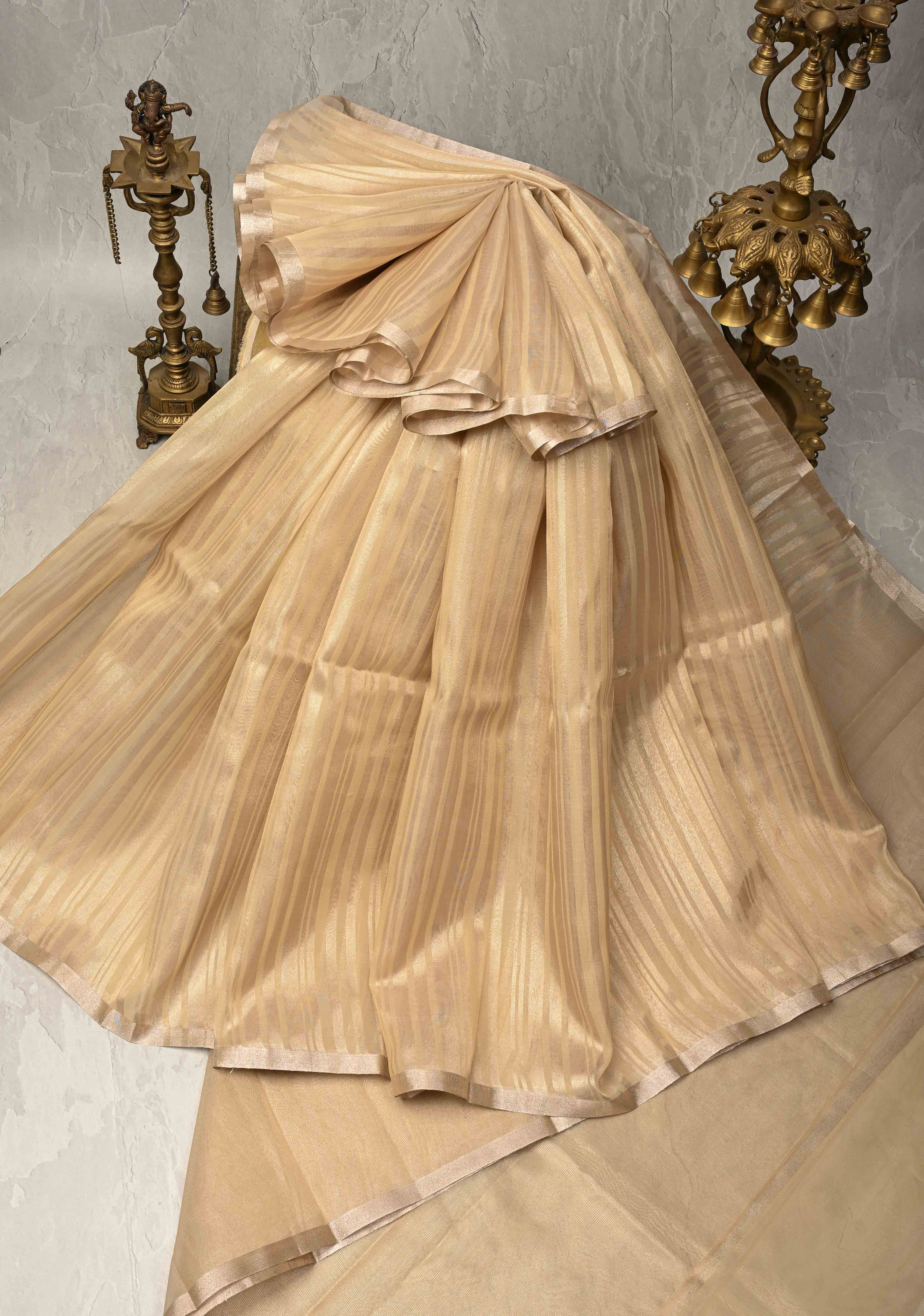 Cream Semi Kora Saree with Tissue Stripes and Minimal Zari Border