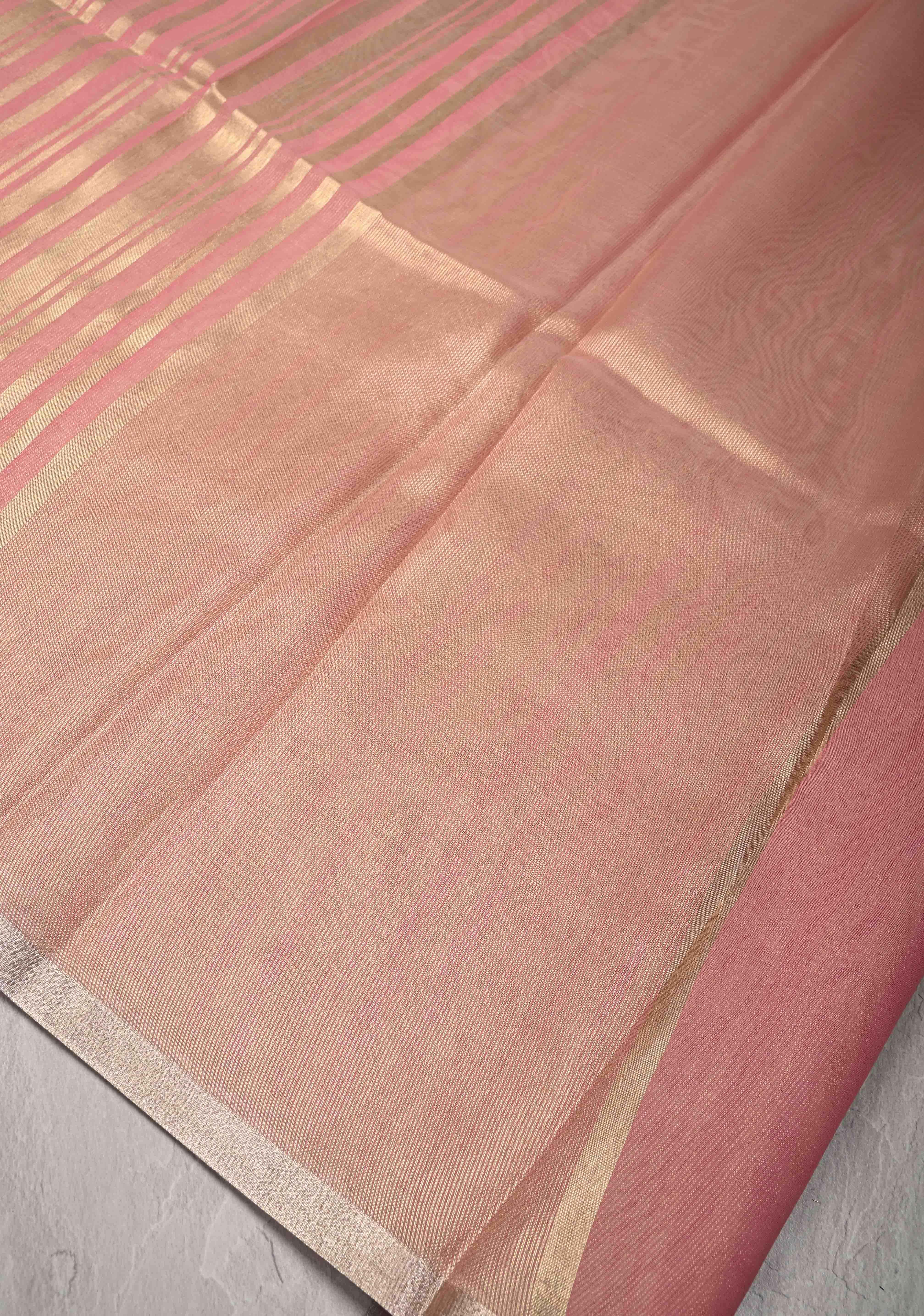 Rose Pink Semi Kora Saree with Tissue Stripes and Minimal Zari Border | Shobitam