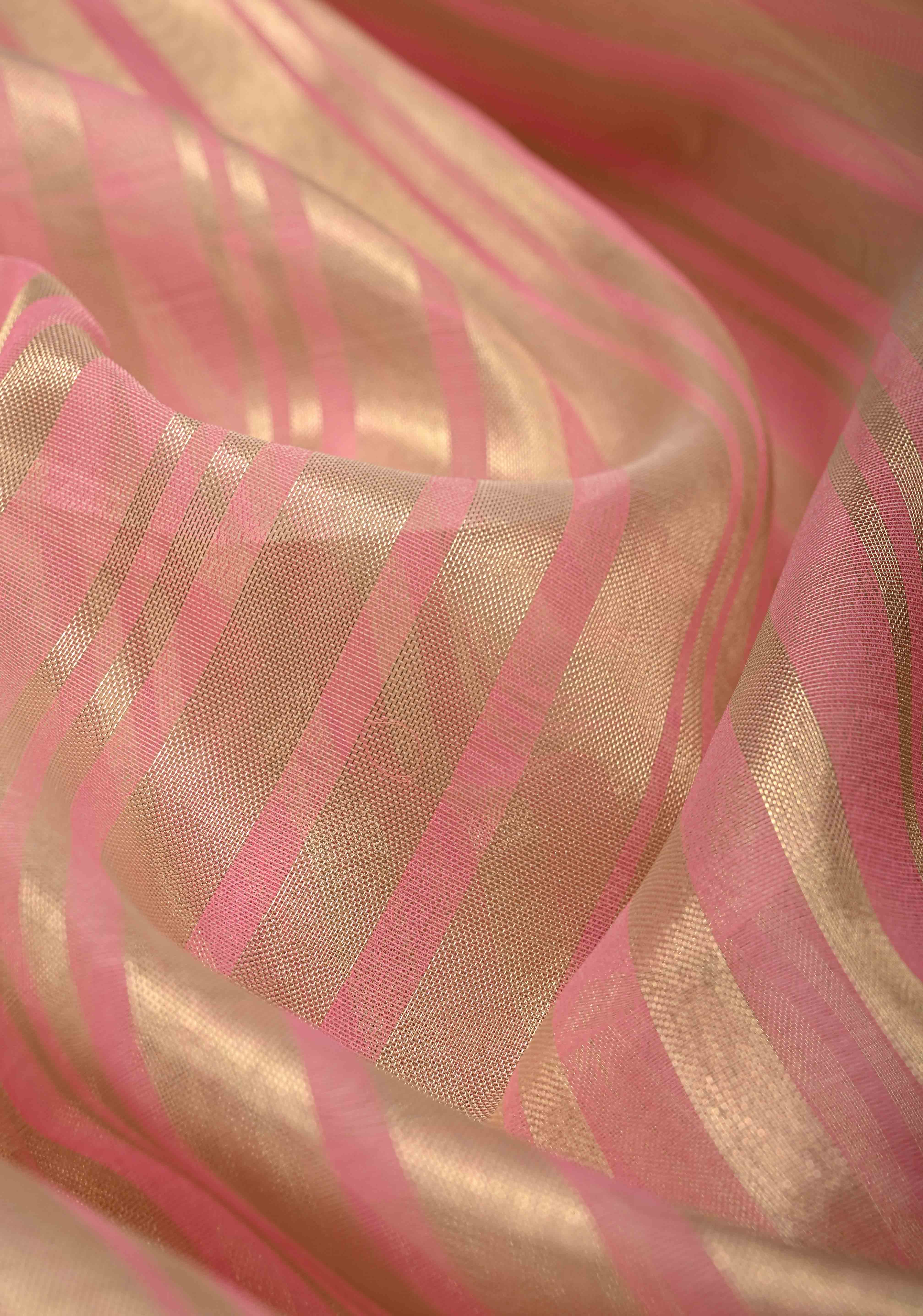 Rose Pink Semi Kora Saree with Tissue Stripes and Minimal Zari Border | Shobitam