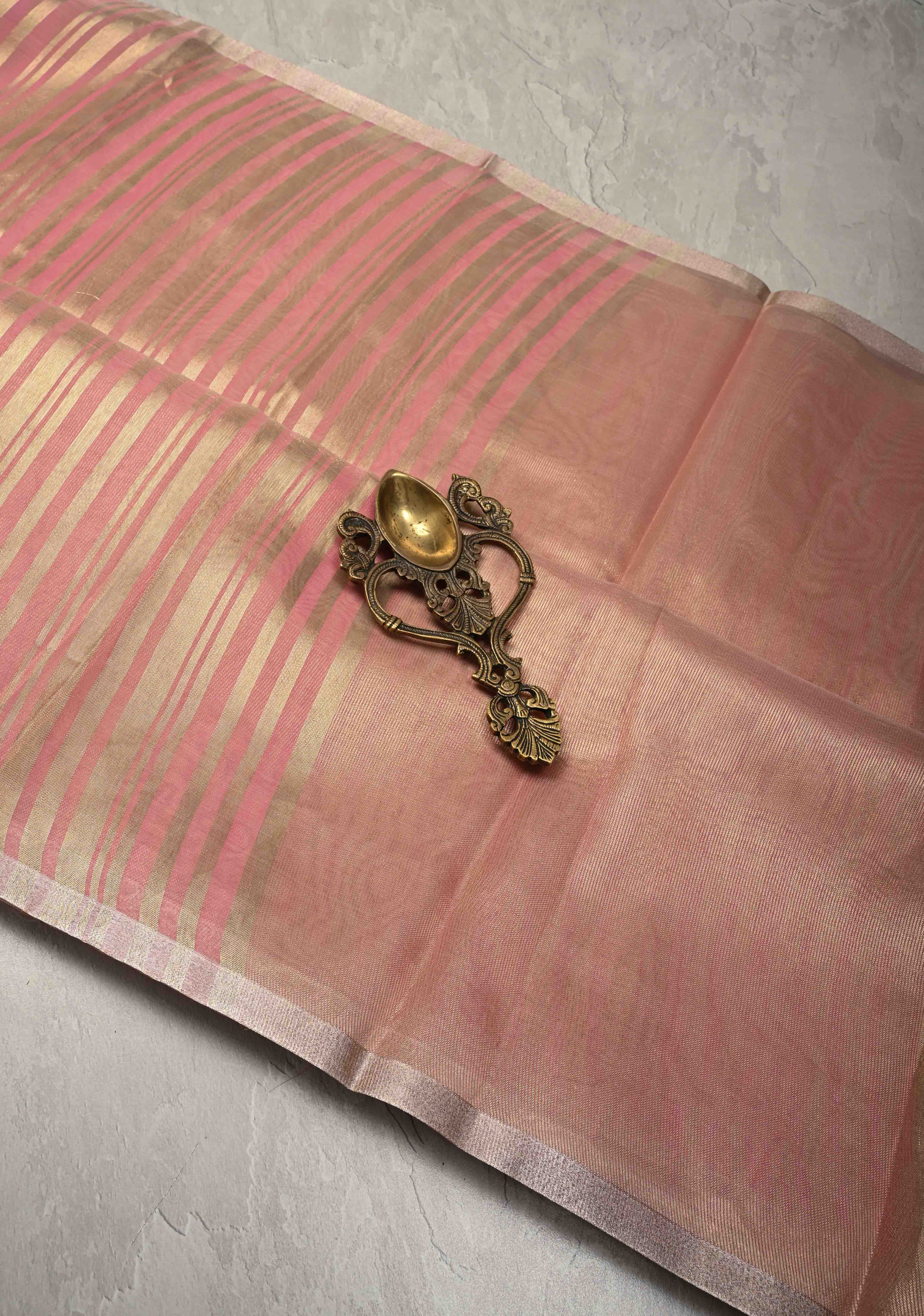 Rose Pink Semi Kora Saree with Tissue Stripes and Minimal Zari Border | Shobitam
