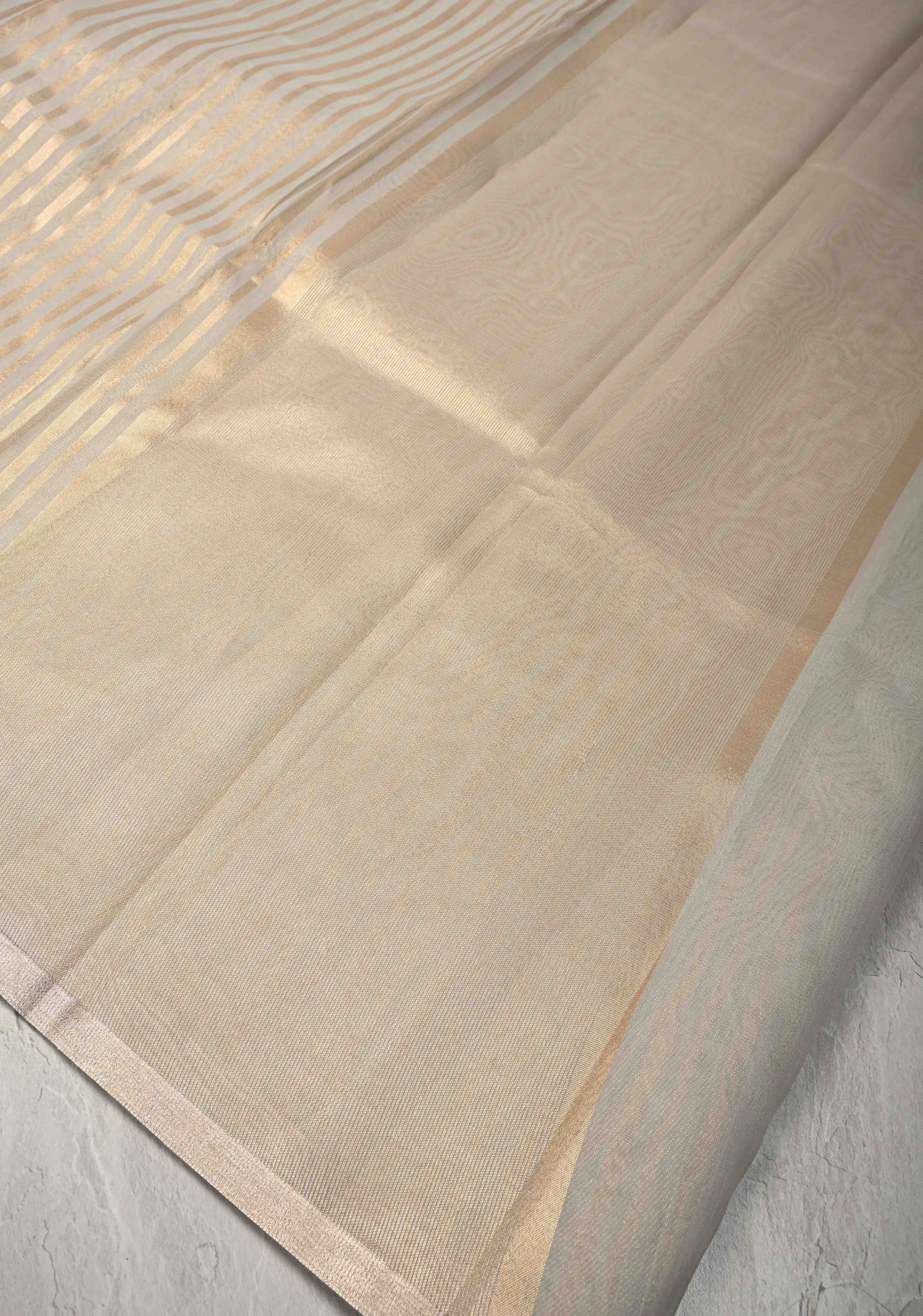 Grey Semi Kora Saree with Tissue Stripes and Minimal Zari Border | Shobitam