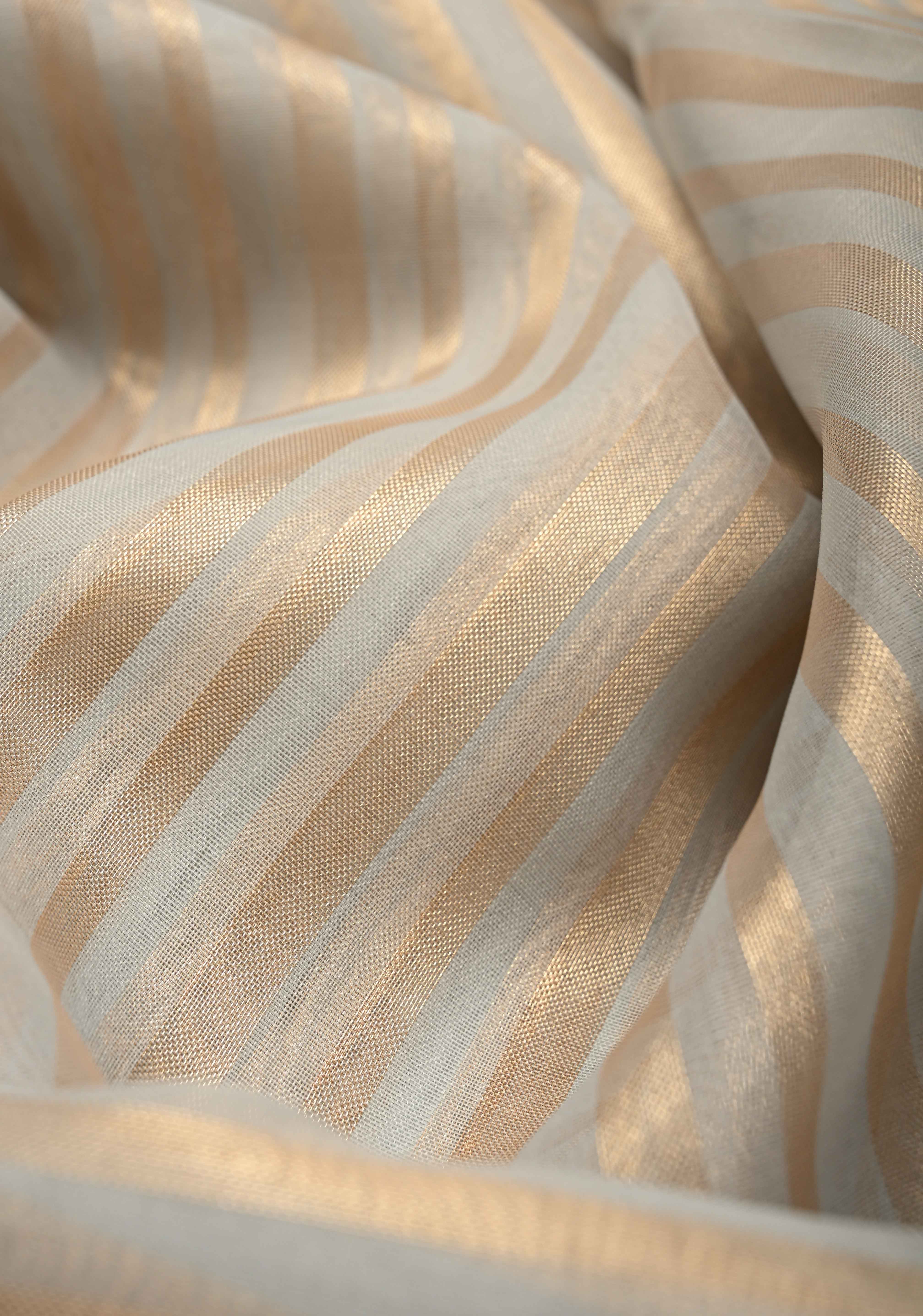 Grey Semi Kora Saree with Tissue Stripes and Minimal Zari Border | Shobitam