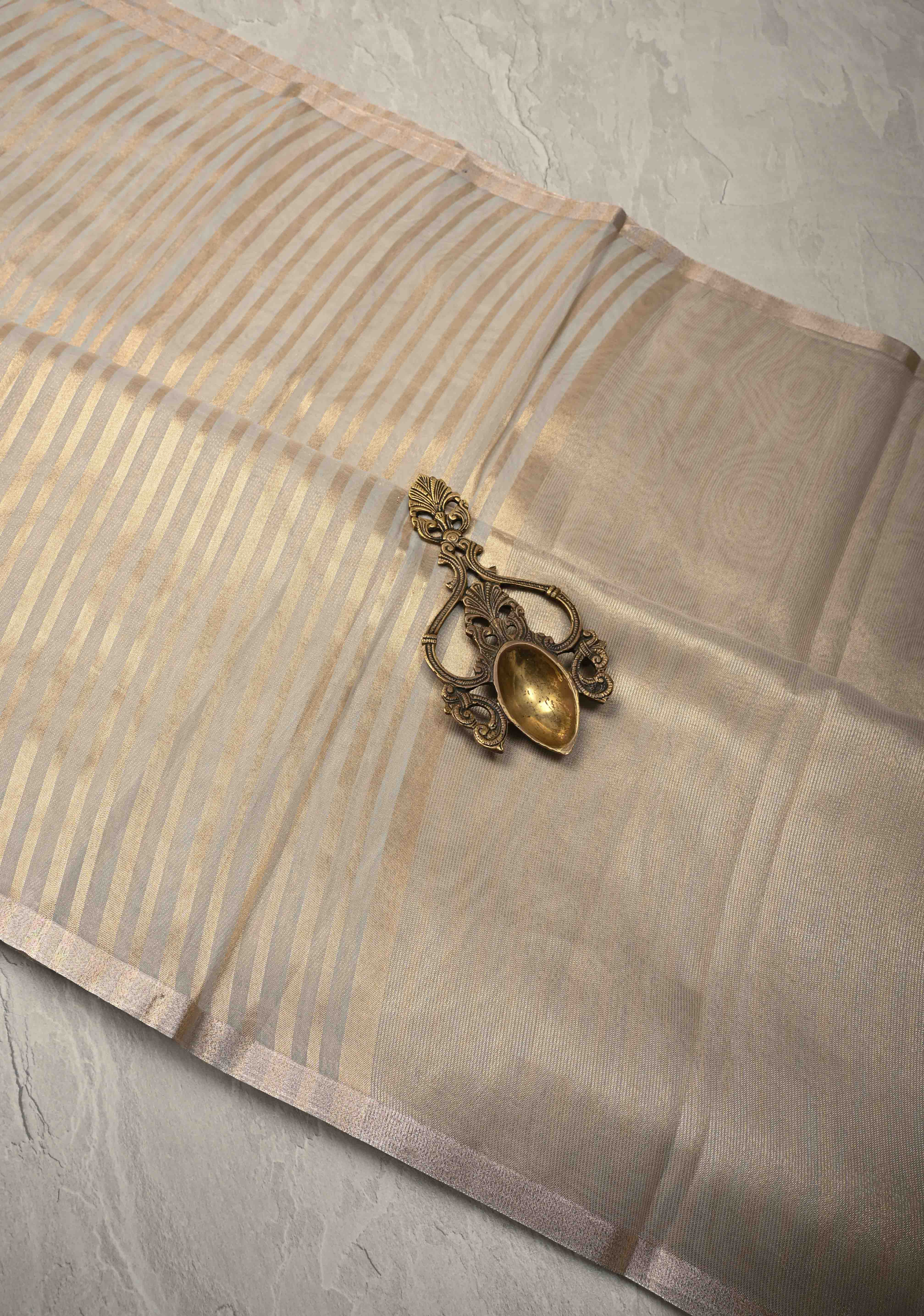 Grey Semi Kora Saree with Tissue Stripes and Minimal Zari Border | Shobitam