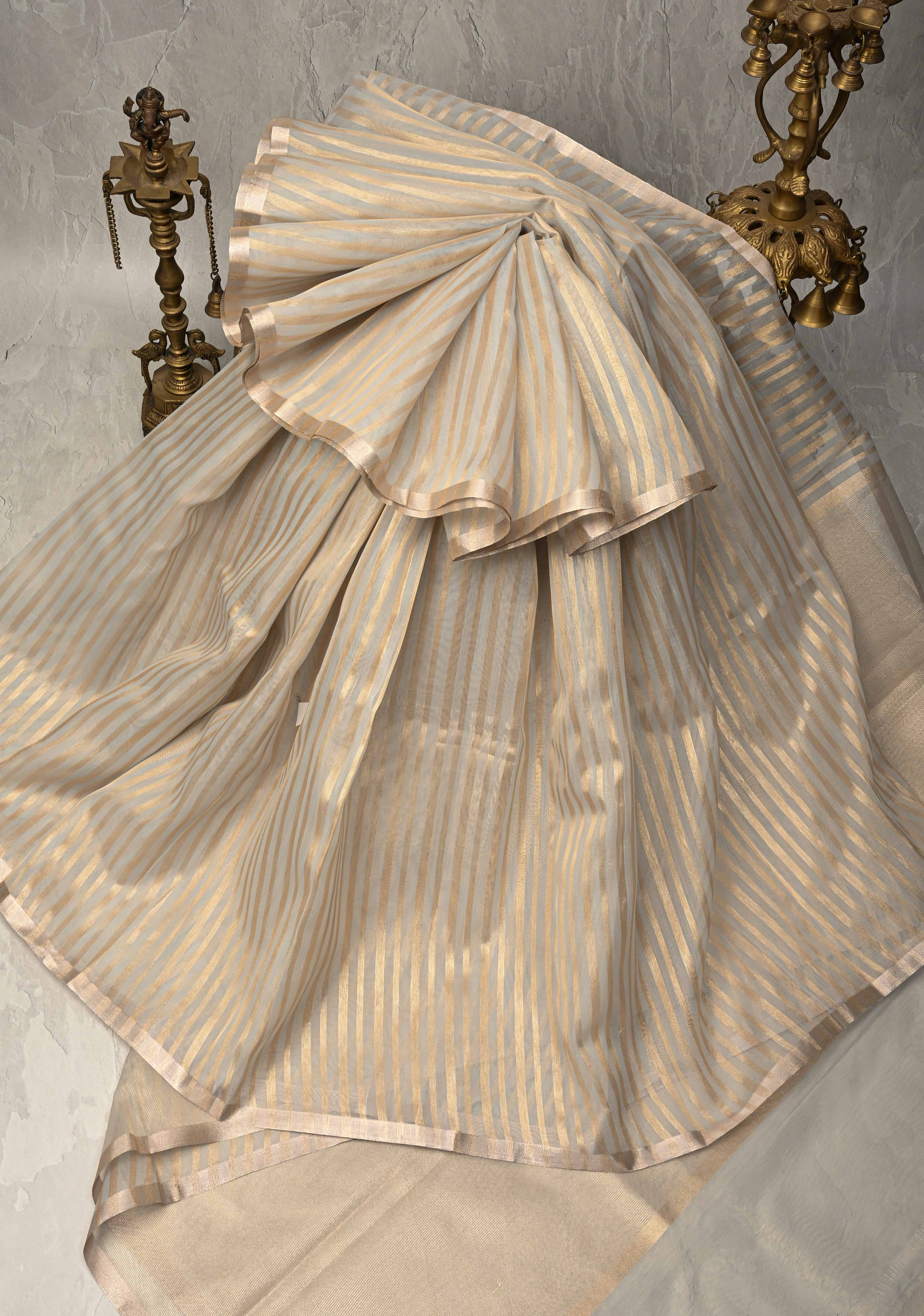 Grey Semi Kora Saree with Tissue Stripes and Minimal Zari Border