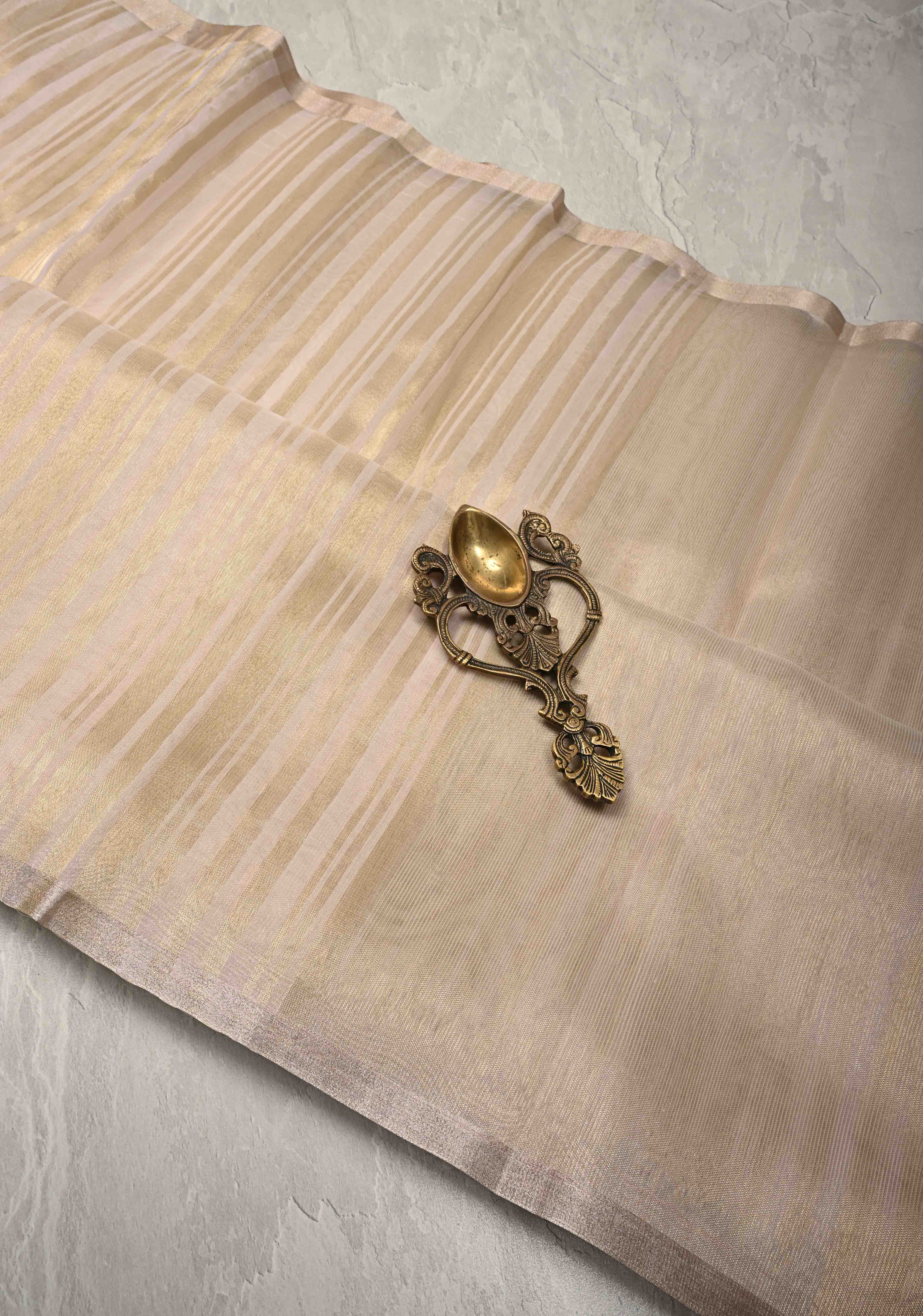 White Semi Kora Saree with Tissue Stripes and Minimal Zari Border