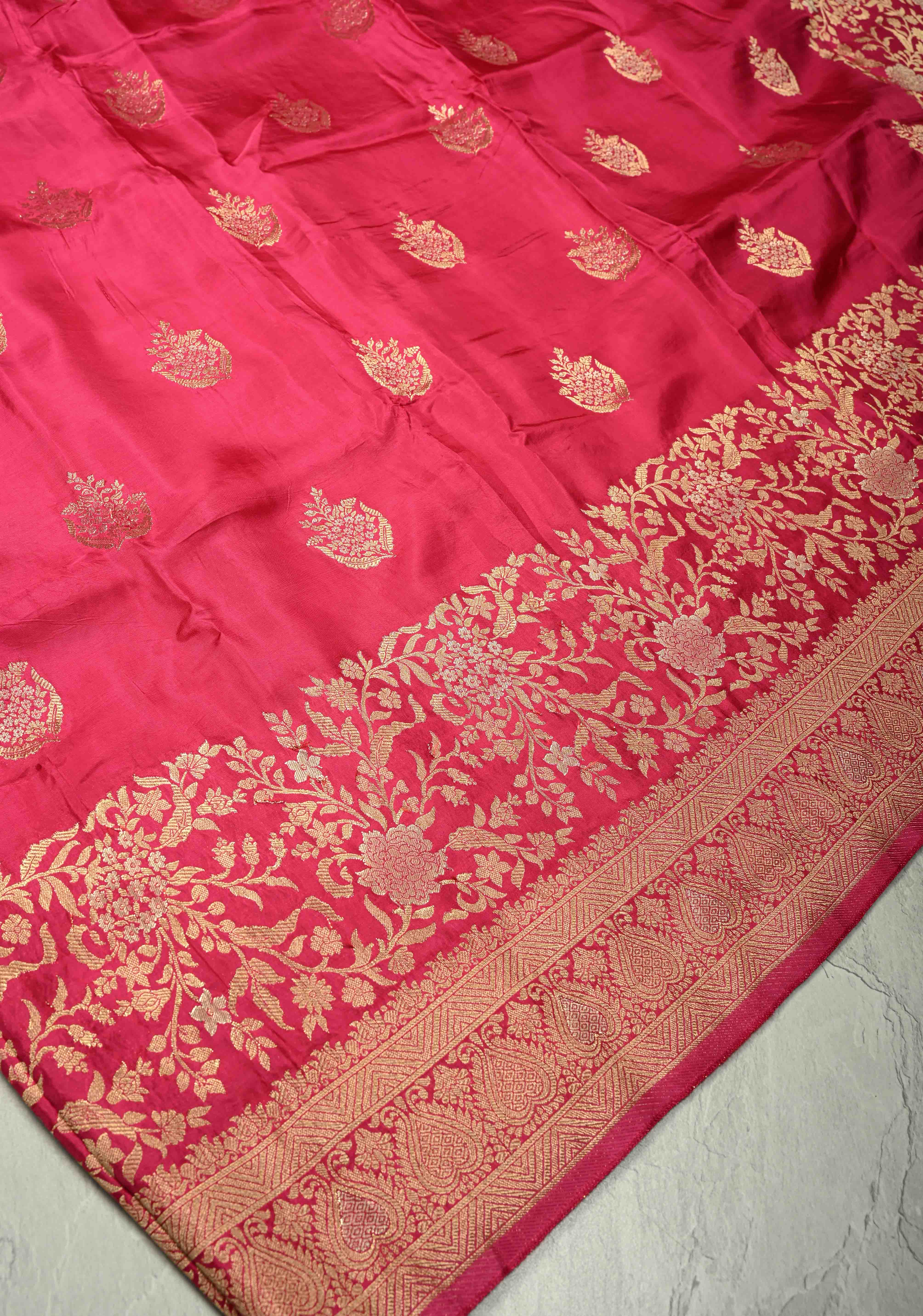 Rani Pink Banarasi Semi Silk Saree with Floral Zari Buttas and Zari Border | Shobitam