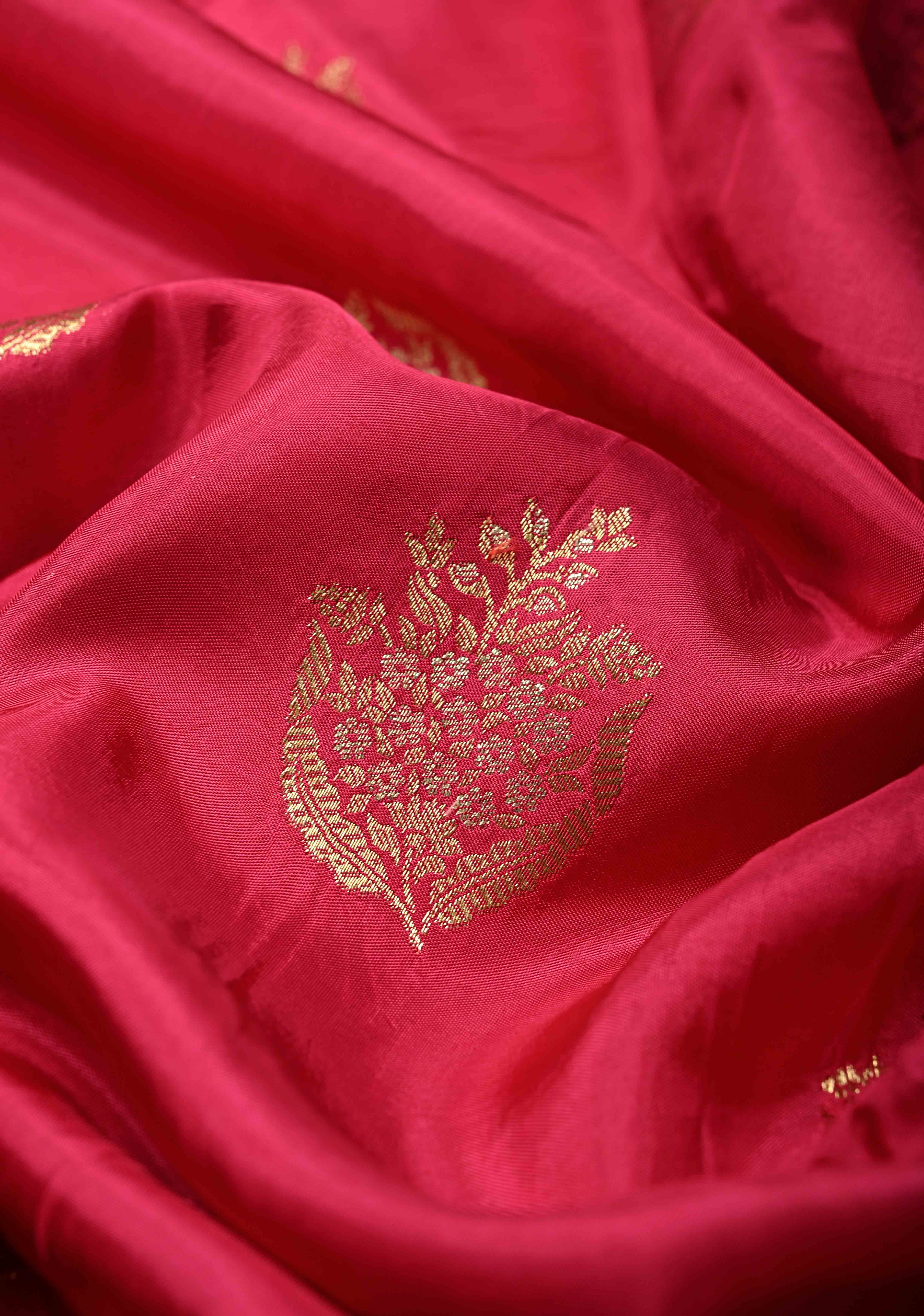 Rani Pink Banarasi Semi Silk Saree with Floral Zari Buttas and Zari Border | Shobitam