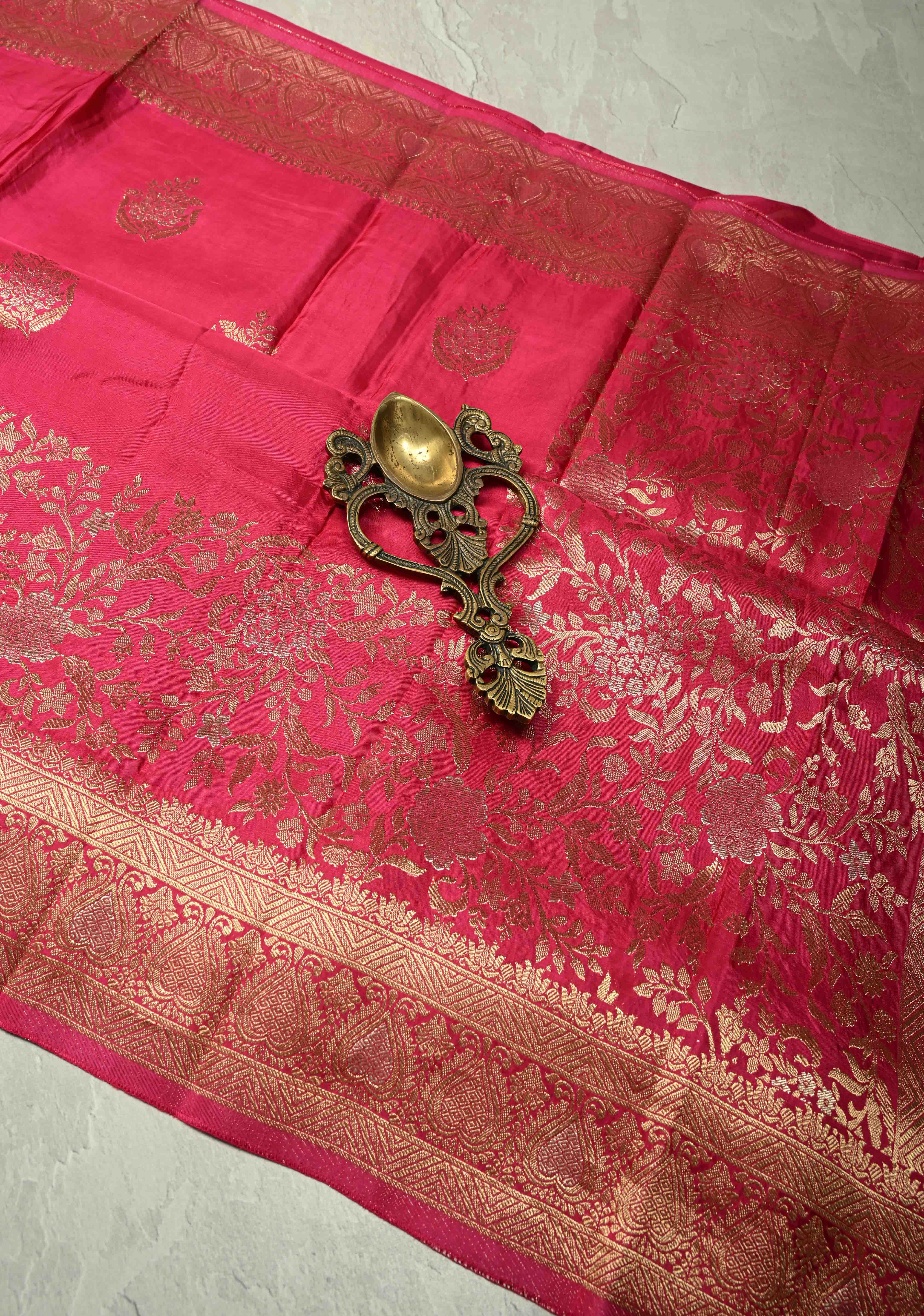 Rani Pink Banarasi Semi Silk Saree with Floral Zari Buttas and Zari Border | Shobitam