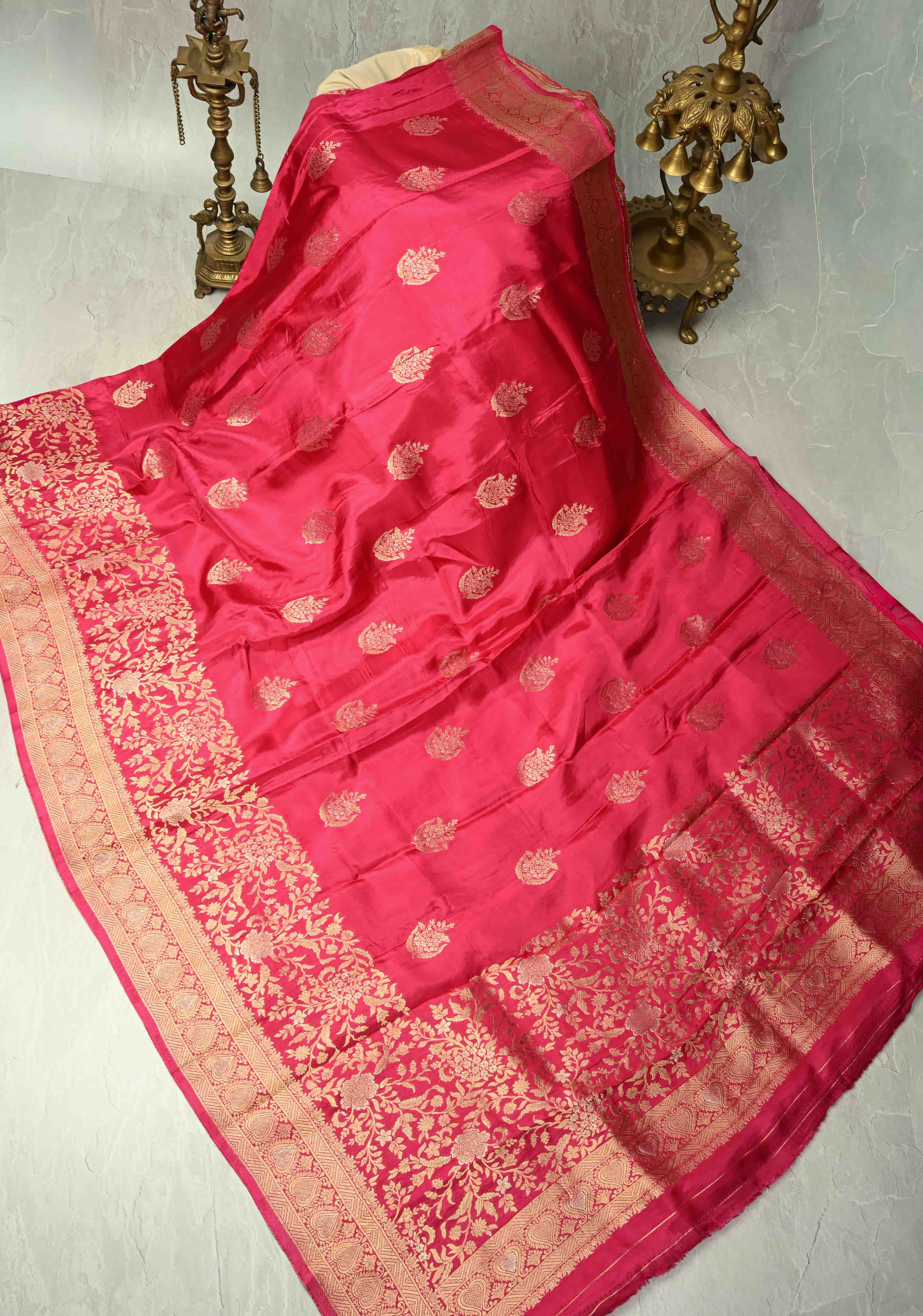 Rani Pink Banarasi Semi Silk Saree with Floral Zari Buttas and Zari Border | Shobitam