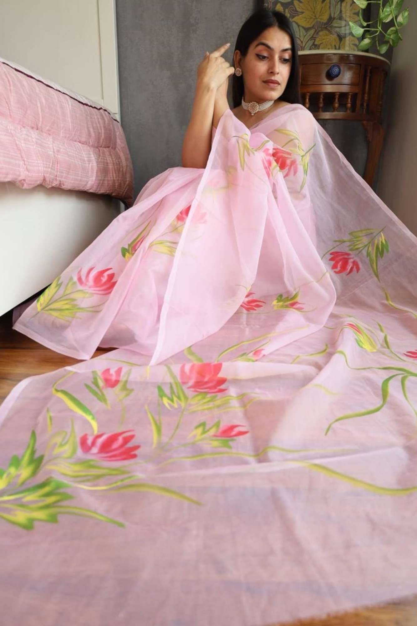 Organza Hand Floral printed With Golden Woven Border Ready To Wear Saree