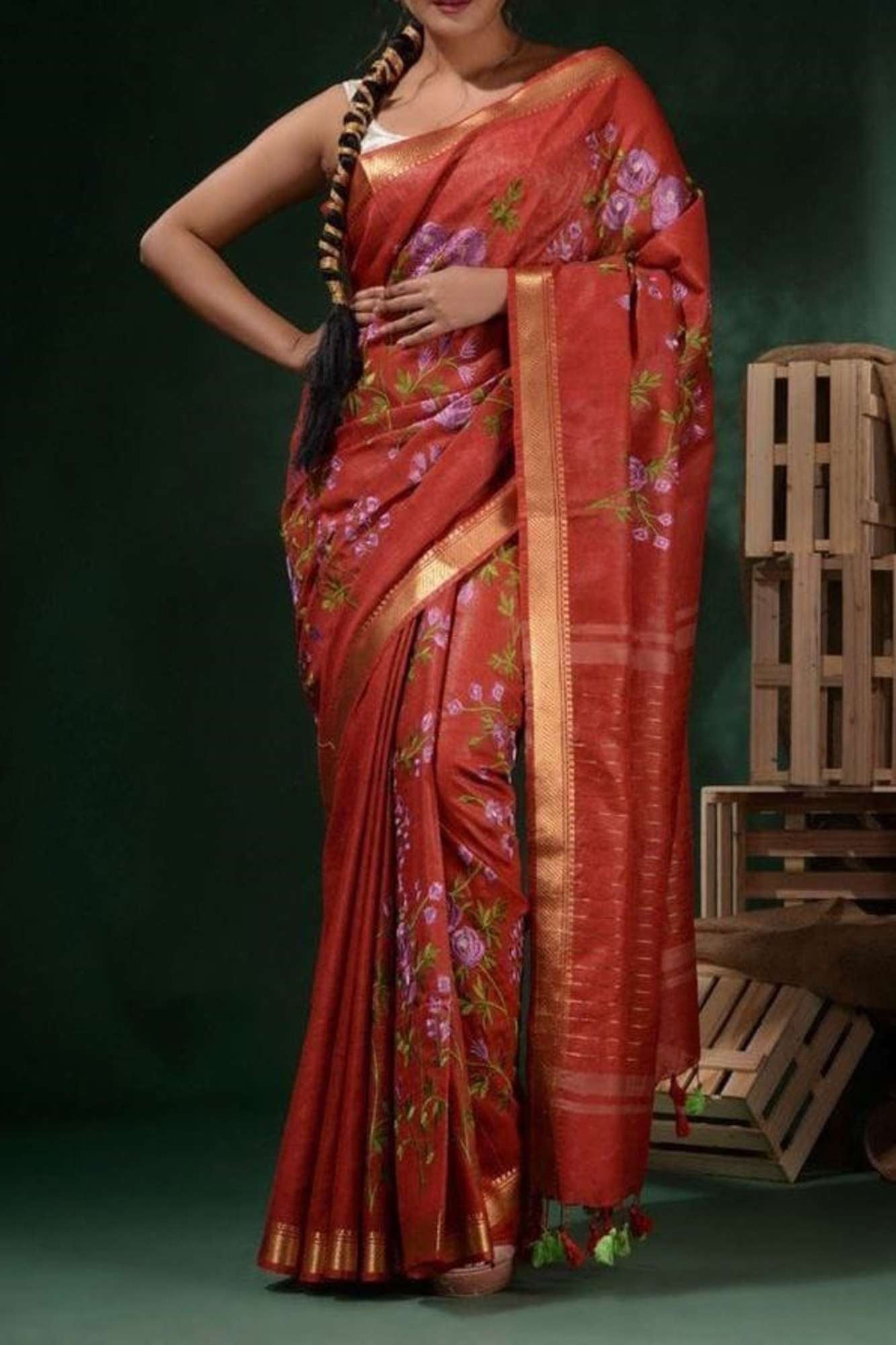 Beautiful Silk Linen with Floral Embroidery & Golden Mangalgiri Border Ready To Wear Saree