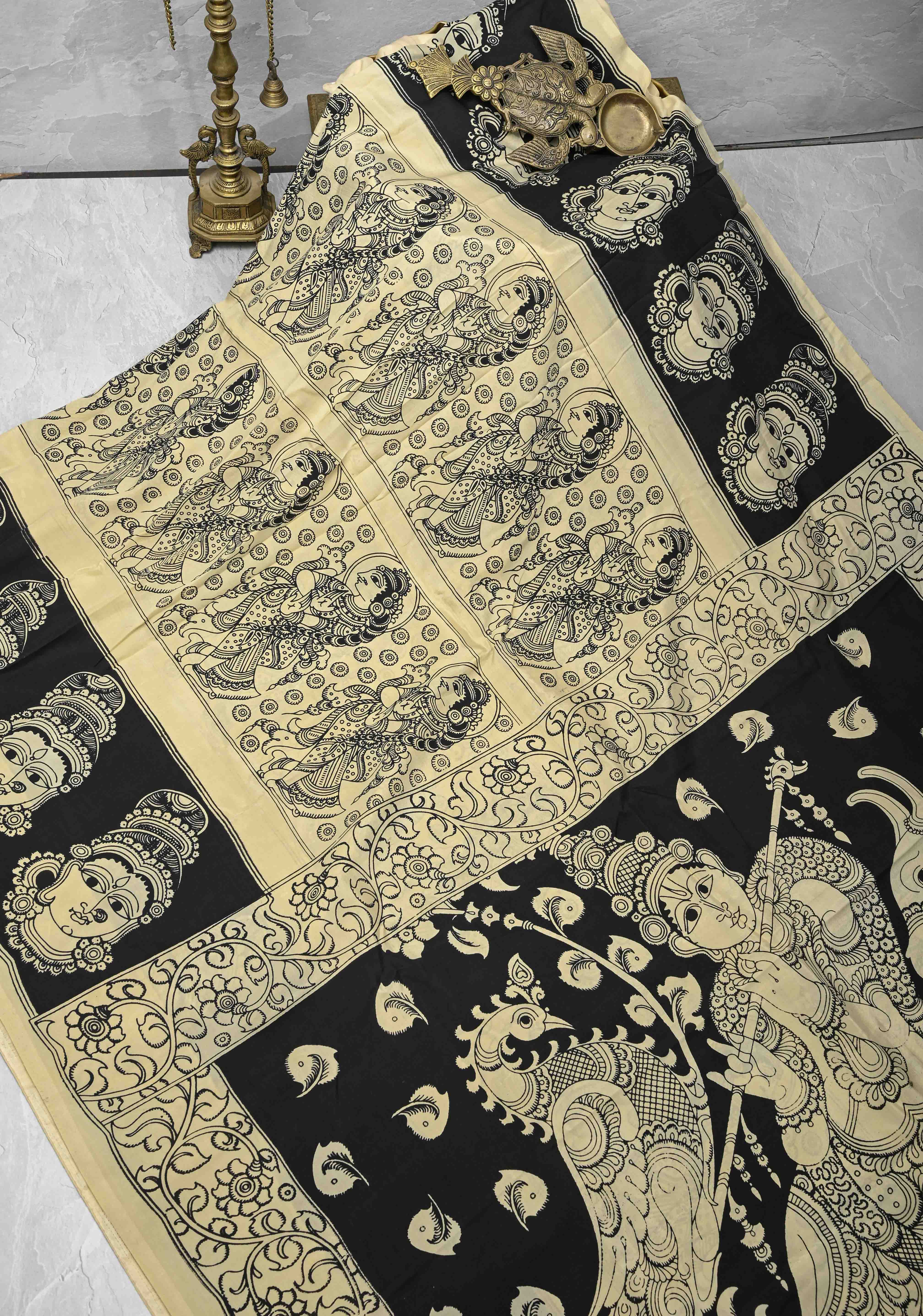 Krishna Pichwai & Dancing Queens Theme: Beige Art Silk Saree With Kalamkari Digital Print | Shobitam
