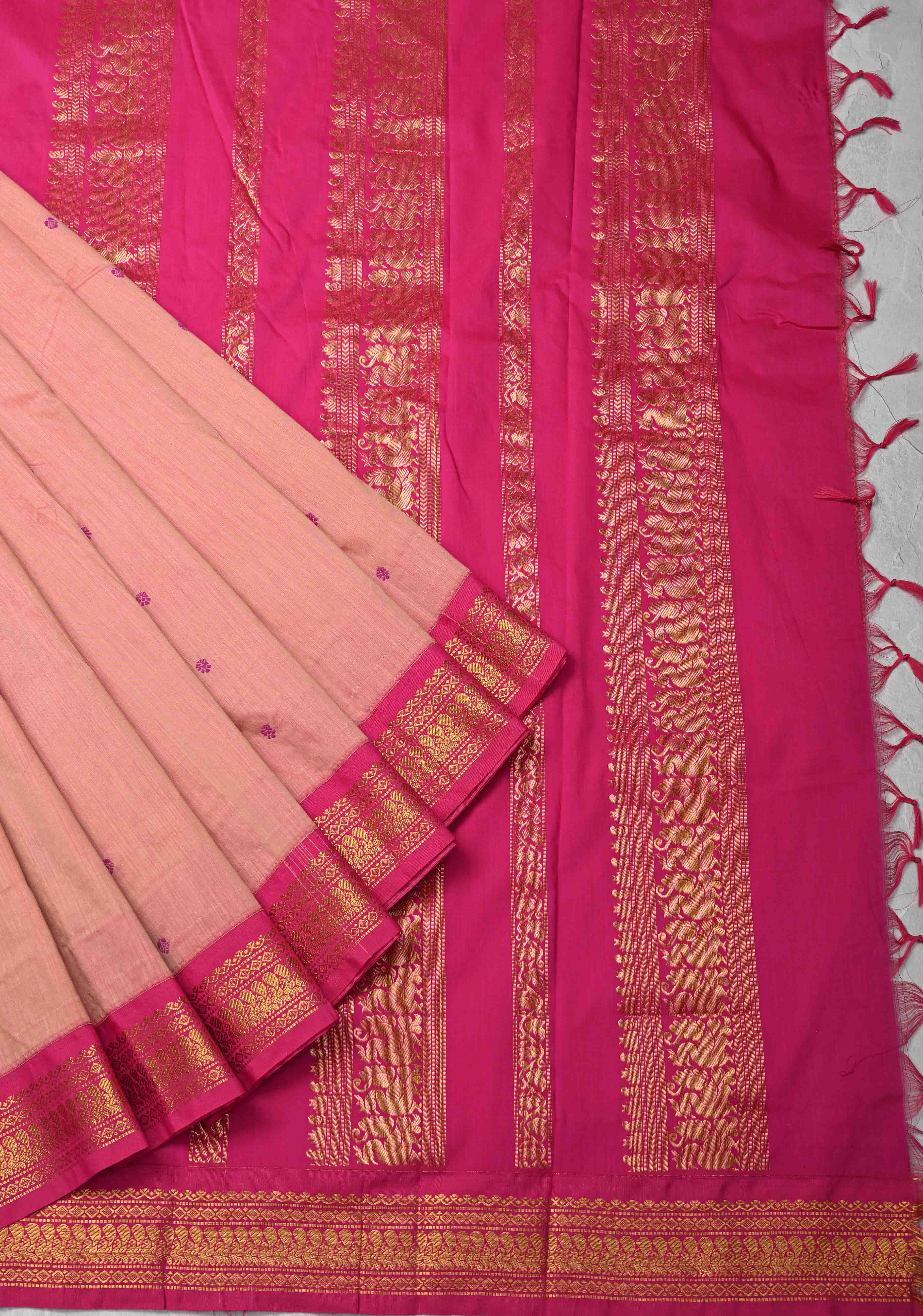 Peach Orange Venkatagiri Cotton Silk Saree with Thread buttas and Red zari borders | Shobitam