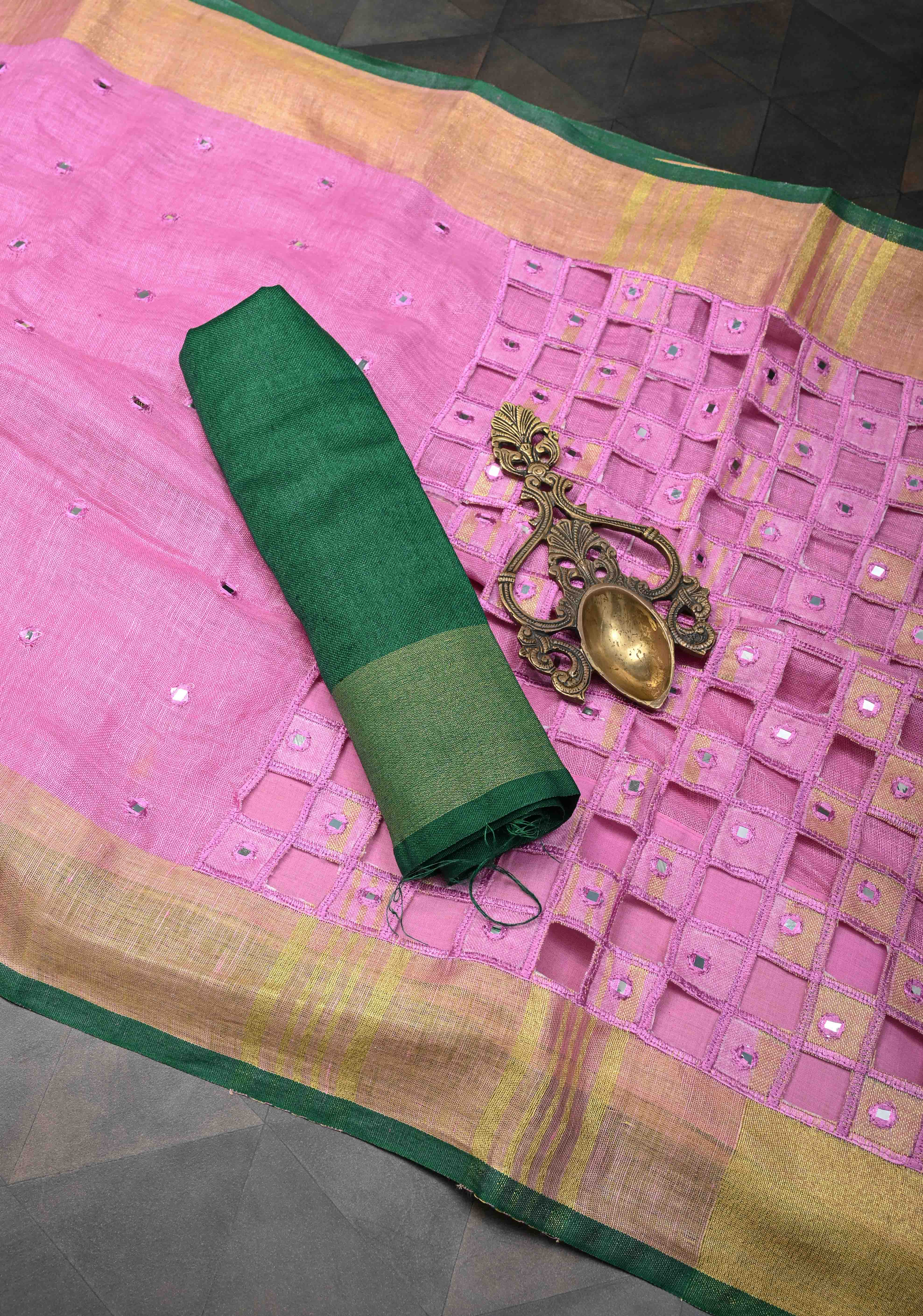 Jaali Pallu - Linen by Linen Cutwork and Mirrorwork Saree in Pink and Zari Border
