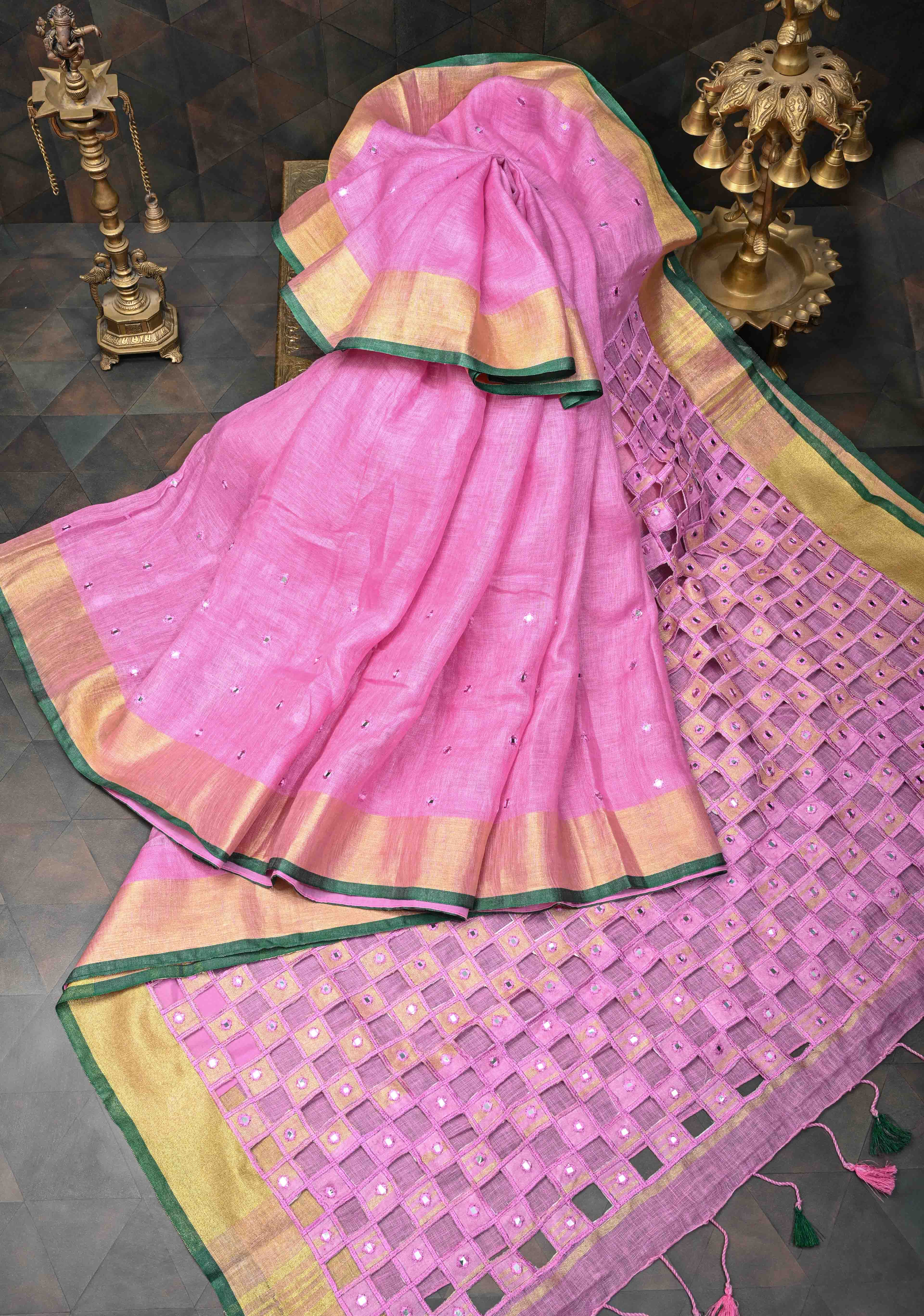 Jaali Pallu - Linen by Linen Cutwork and Mirrorwork Saree in Pink and Zari Border